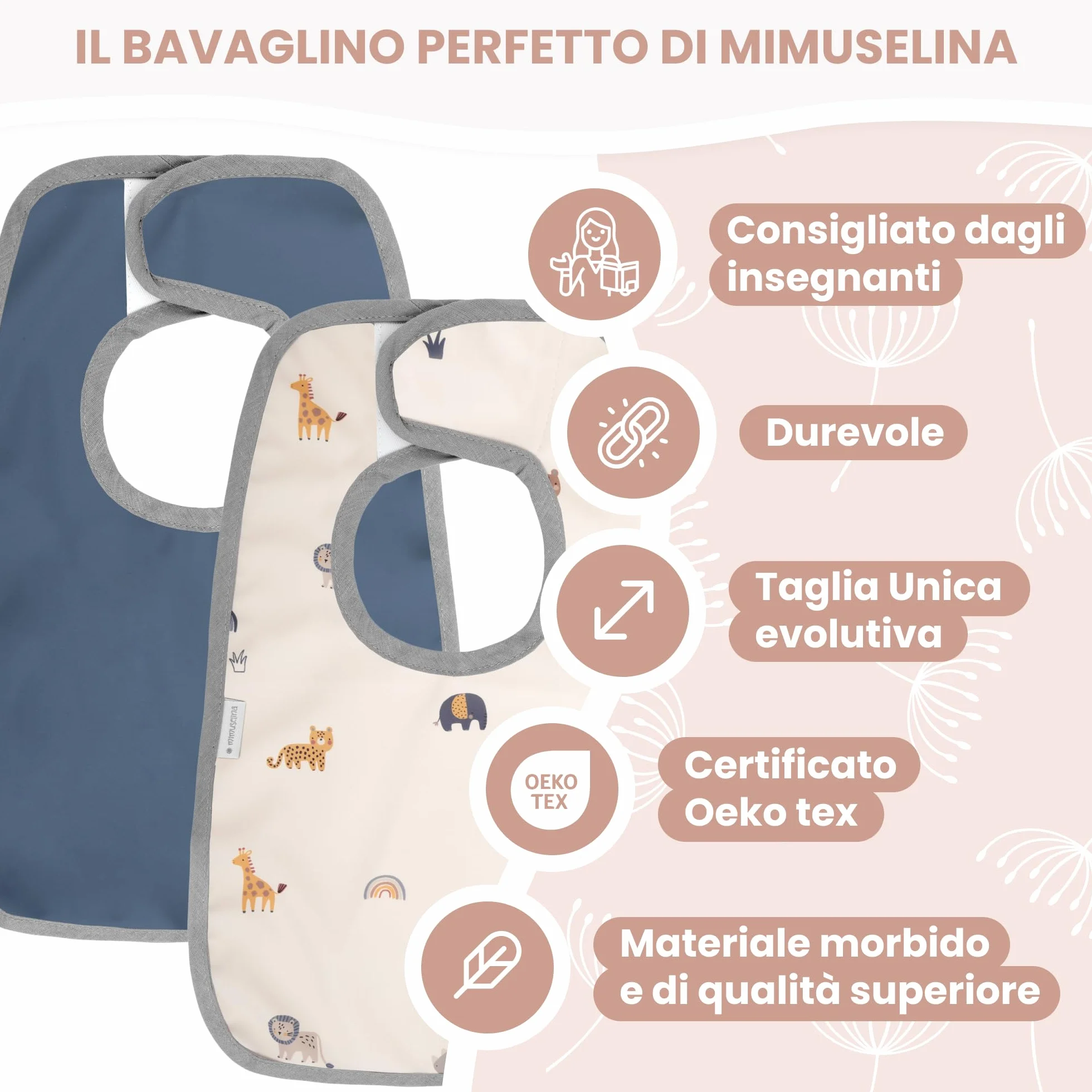 Set di 2 Bavaglini Neonato Impermeabili MIMUSELINA | Bavaglino Pappa Svezzamento Comodo | Prodotto in Spagna