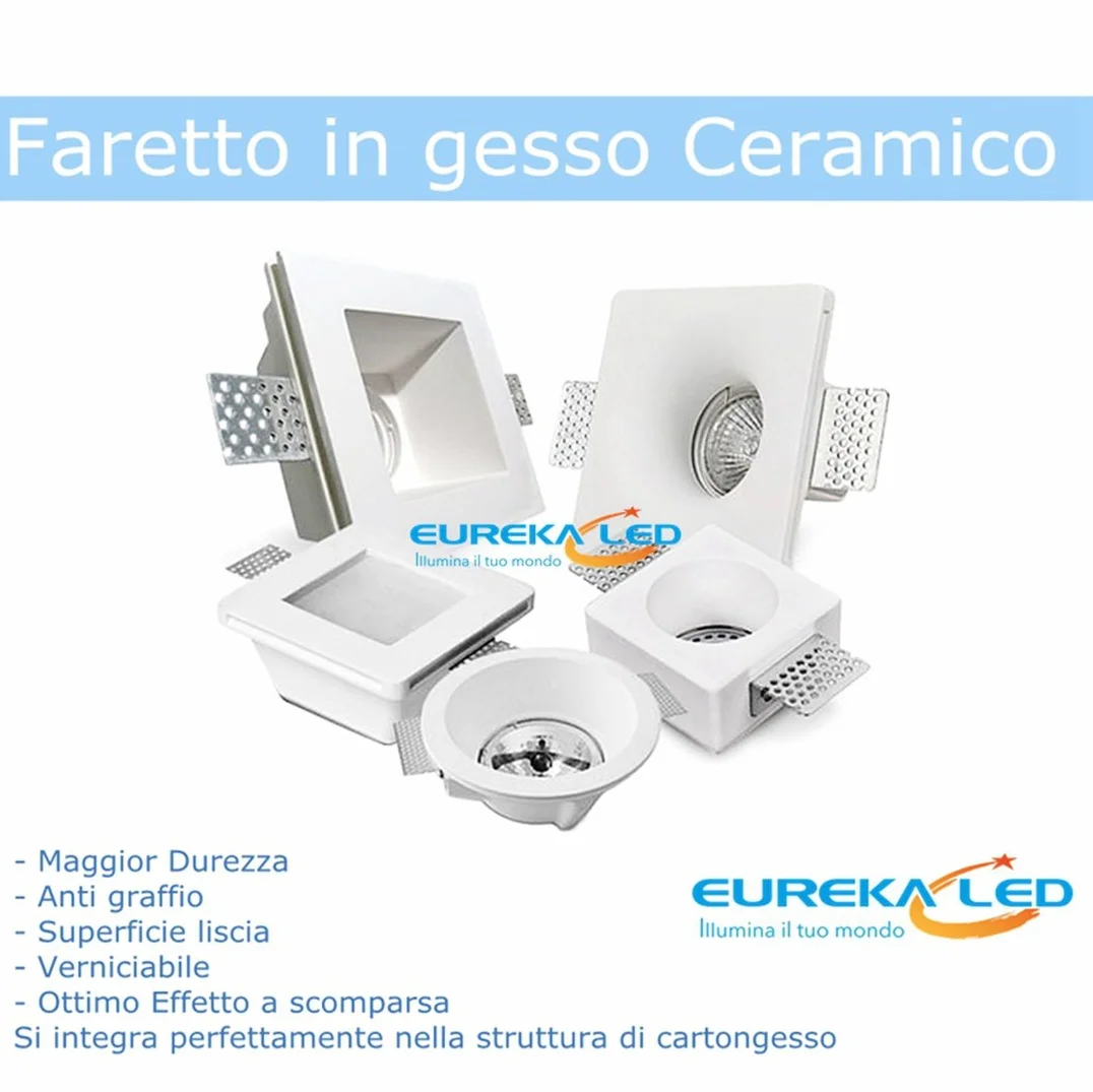 Eurekaled 10pz - Portafaretto Quadrato in Gesso CERAMICO da Incasso per GU10 e MR16 in cartongesso, Bianco