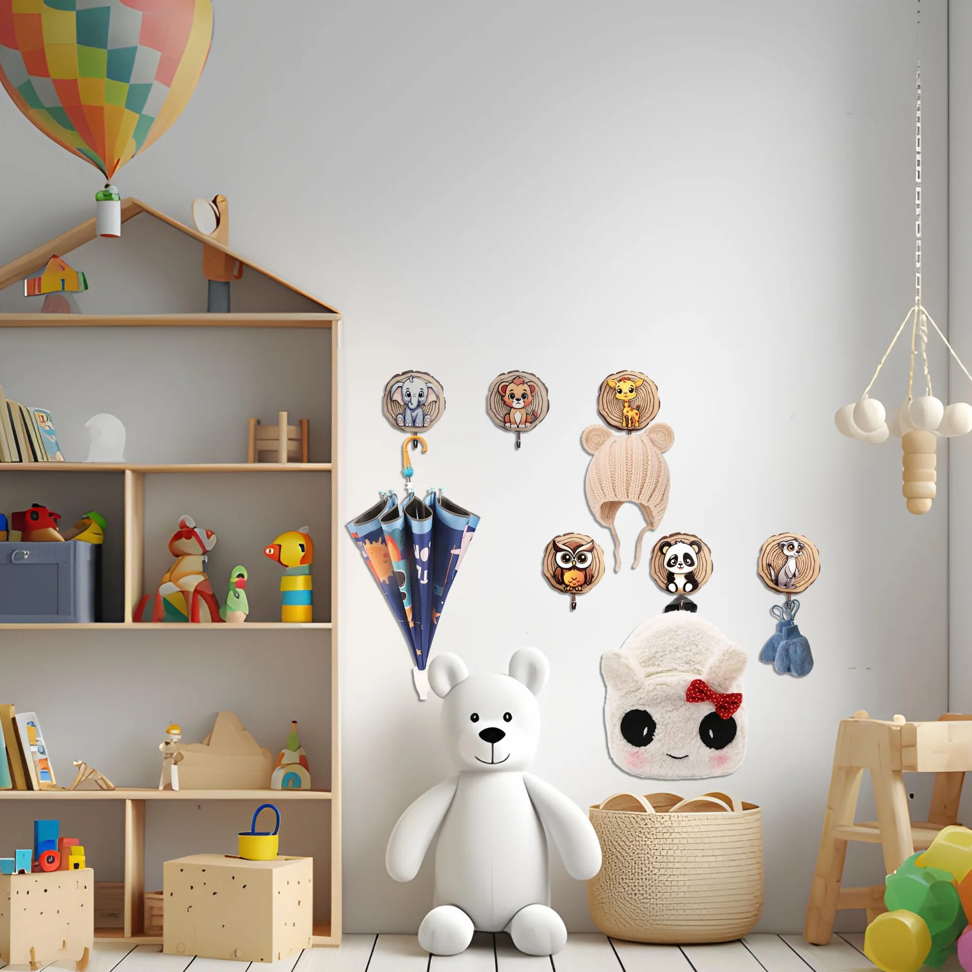 Appendiabiti per bambini a forma di animale, gancio autoadesivo in legno, senza foratura, guardaroba per cameretta