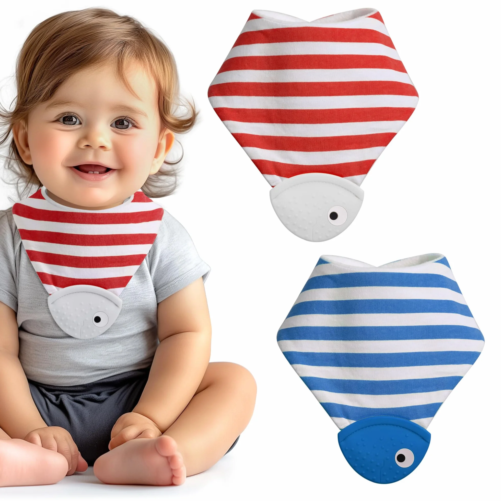 Navaris Bavaglini a Bandana con Massaggiagengive - Set di 2 - Bavaglino 100% Cotone Morbido per Dentizione - dai 2 Mesi - Strisce Gialle e Verdi