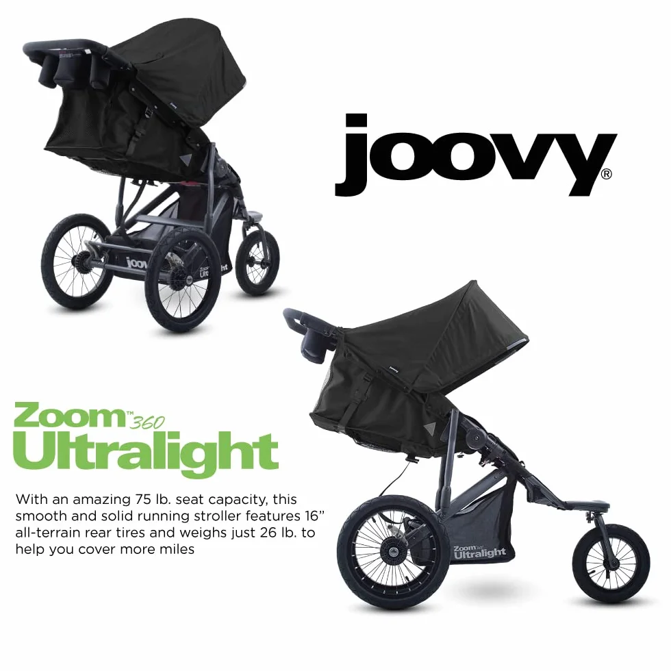 Joovy Zoom 360 Passeggino Da Jogging Ultraleggero, Capottina Grande, Pneumatici Ad Aria Extra Large, Nero