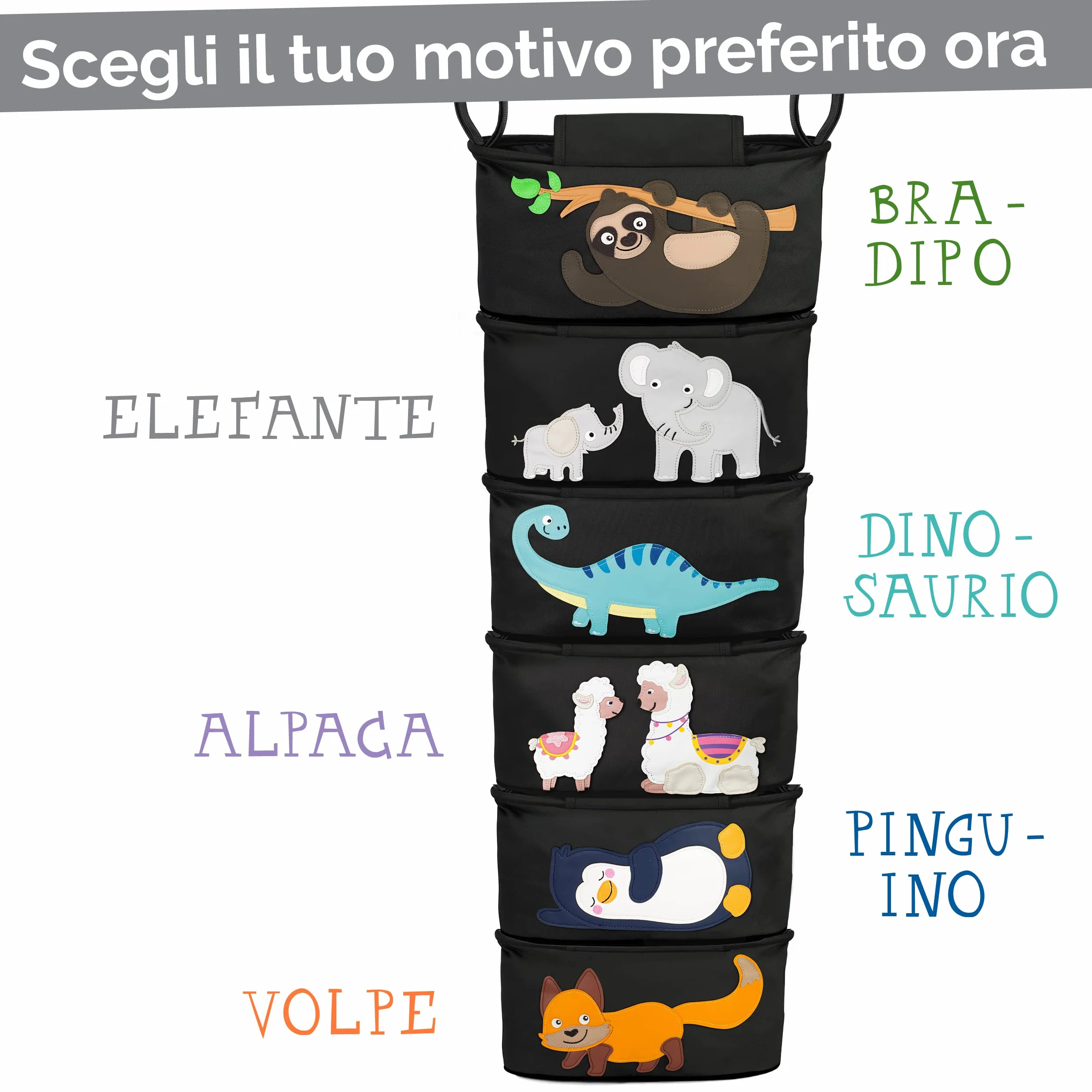 GLÜCKSWOLKE Borsa per Passeggino 12 Motivi Organizer Carrozzina Neonato Portaoggetti Dispenser Salviette Universale Elefante Nero