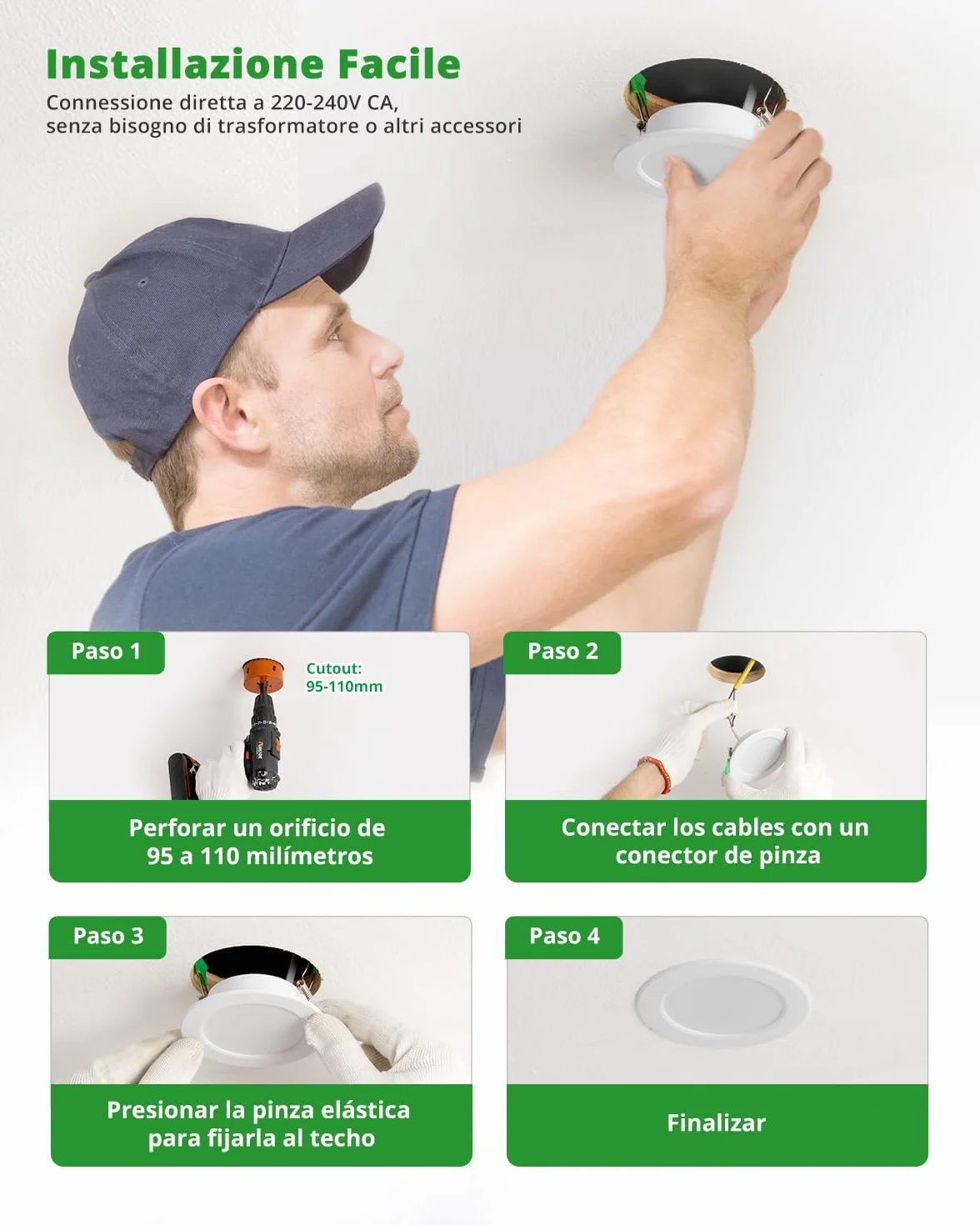 HOMEOW 12x Faretti LED da Incasso per Cartongesso, 220V 7W 4000K Luce Naturale Faretti LED Interno da Incasso, IP44 Faretto per Bagno, Diametro 118mm, Diametro foro 95-110mm