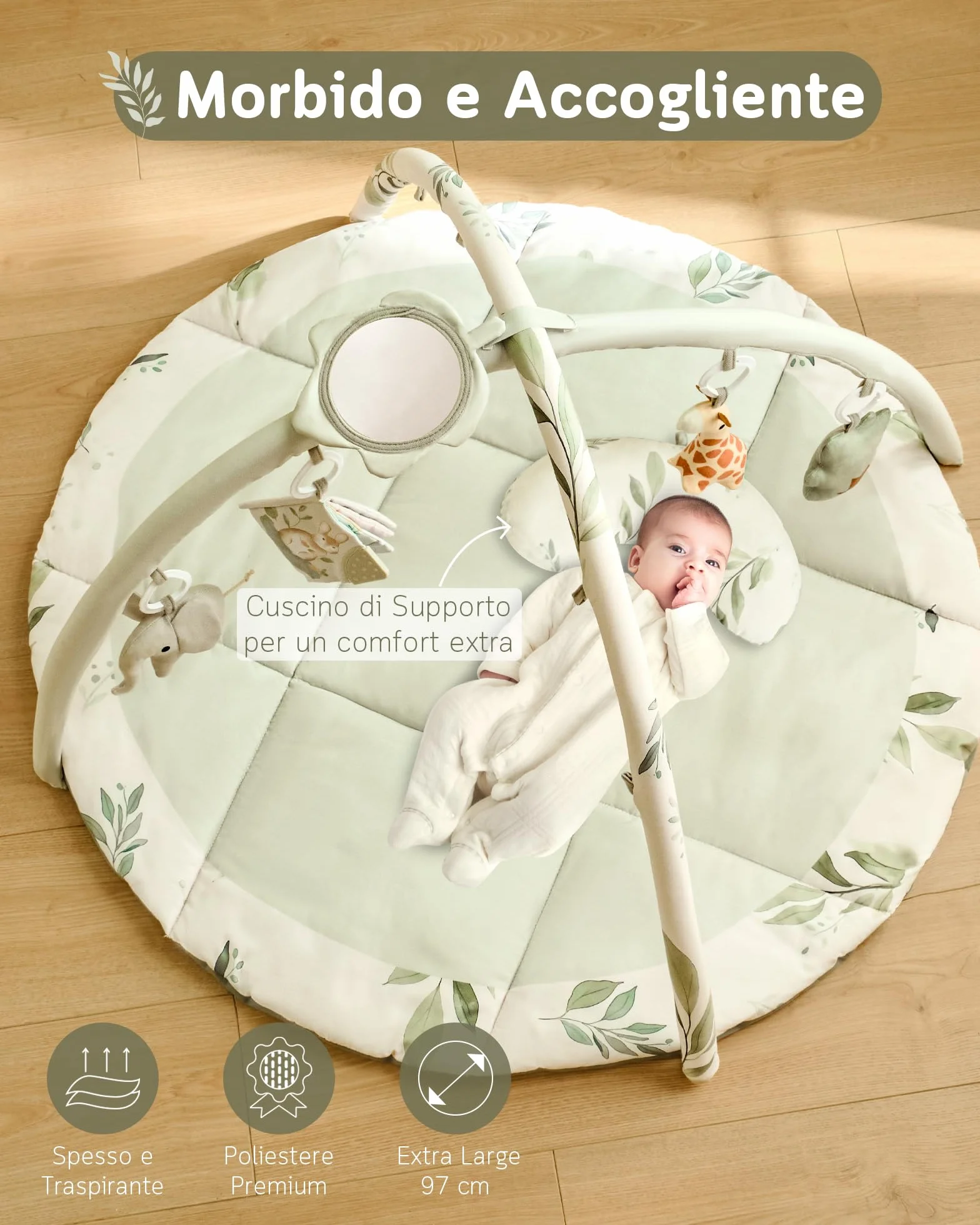 Fortella Palestrina Neonato Evolutiva Tappetino Gioco Attività 5 Giocattoli Sensoriali Specchio Cuscino 0-12 Mesi Verde