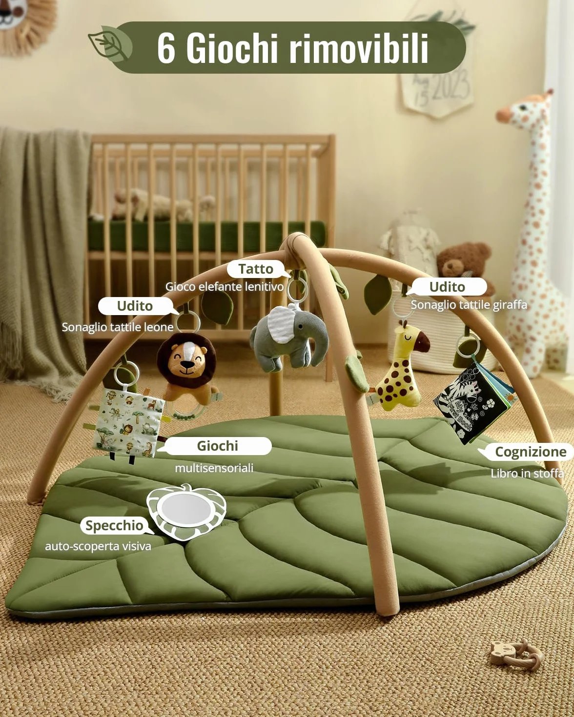 Blissful Diary Palestrina Neonato con Arco Rimovibile a Forma di Foglia con 6 Giochi - Sviluppo Sensoriale e Motorio, Regalo Per Neonati, Verde