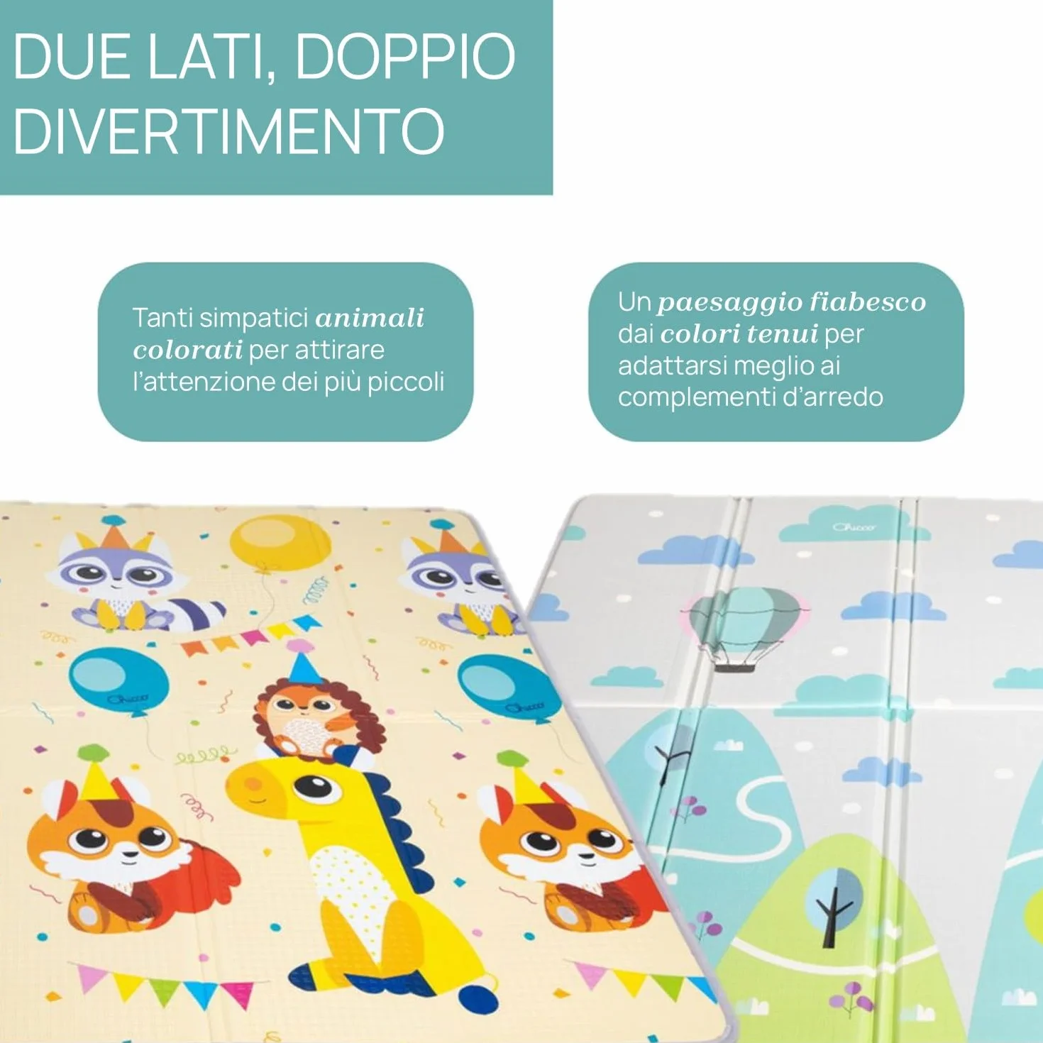 Chicco Tappeto Gioco 2in1 200x180 cm Extra Spessore 1.3 cm Double Face Animali Paesaggio Neonato 0M+
