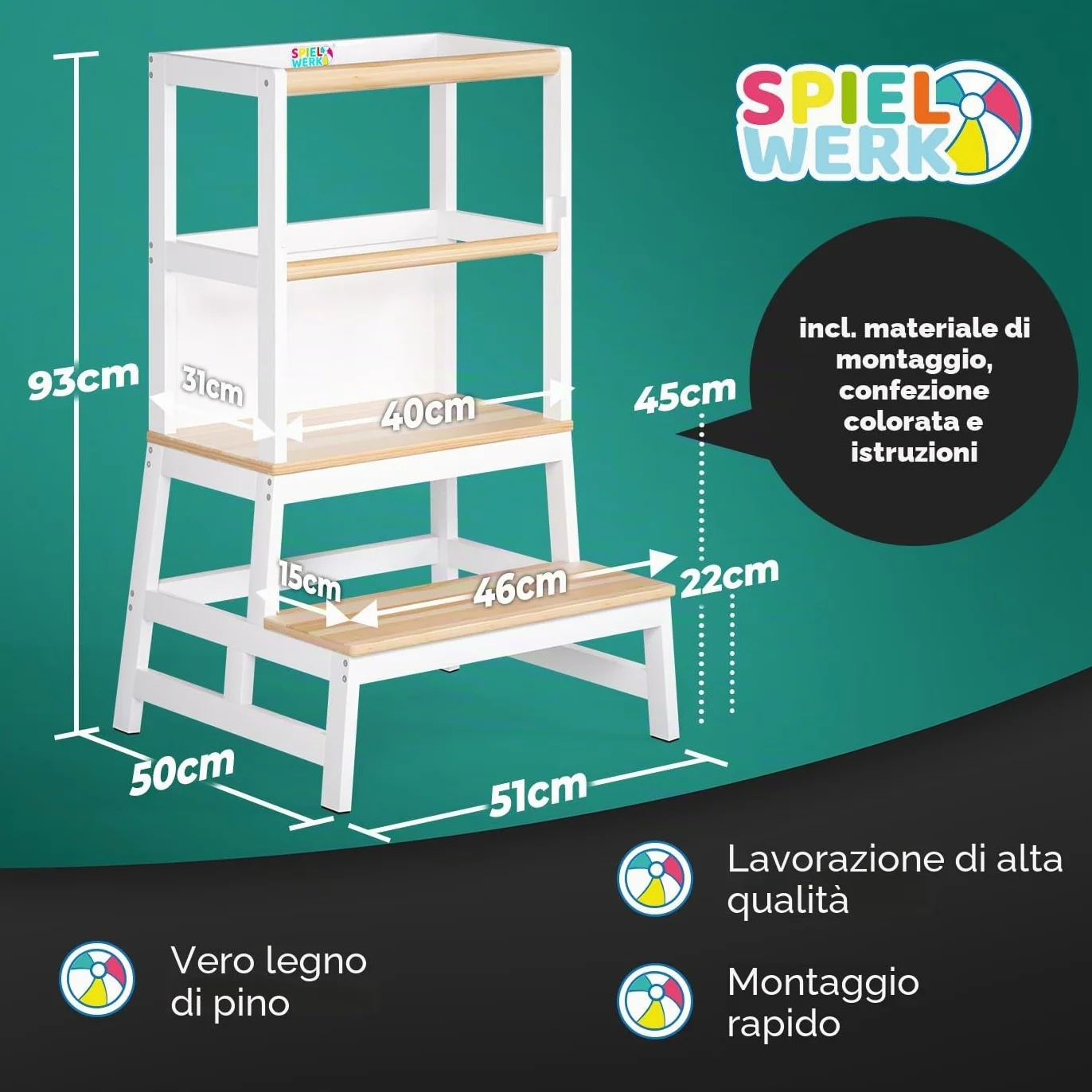 Spielwerk Torre Montessoriana Learning Tower in Legno 50x51x93 cm per Bambini da 2 Anni