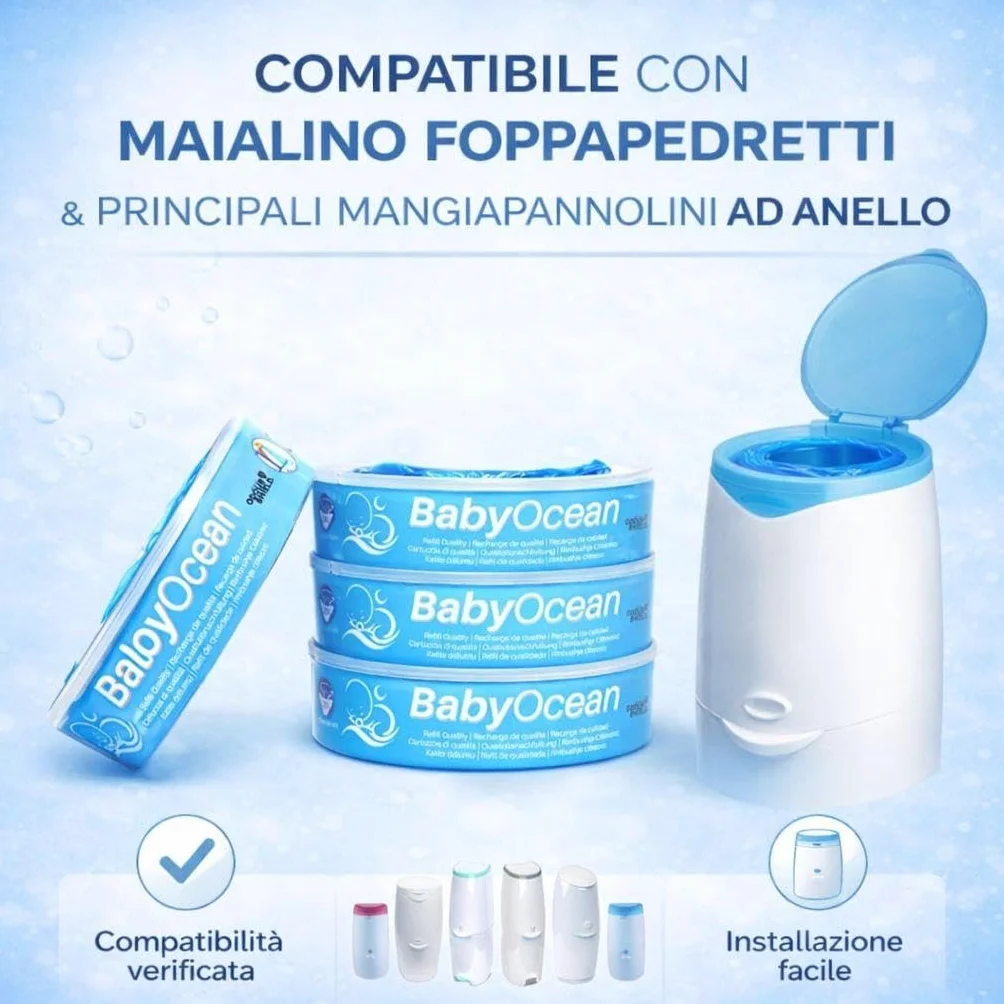 Sacchetti Profumati BabyOcean Ricarica Compatibile Angelcare Foppapedretti Litter Locker II, Multi-strato Anti Odore, 8 Pezzi