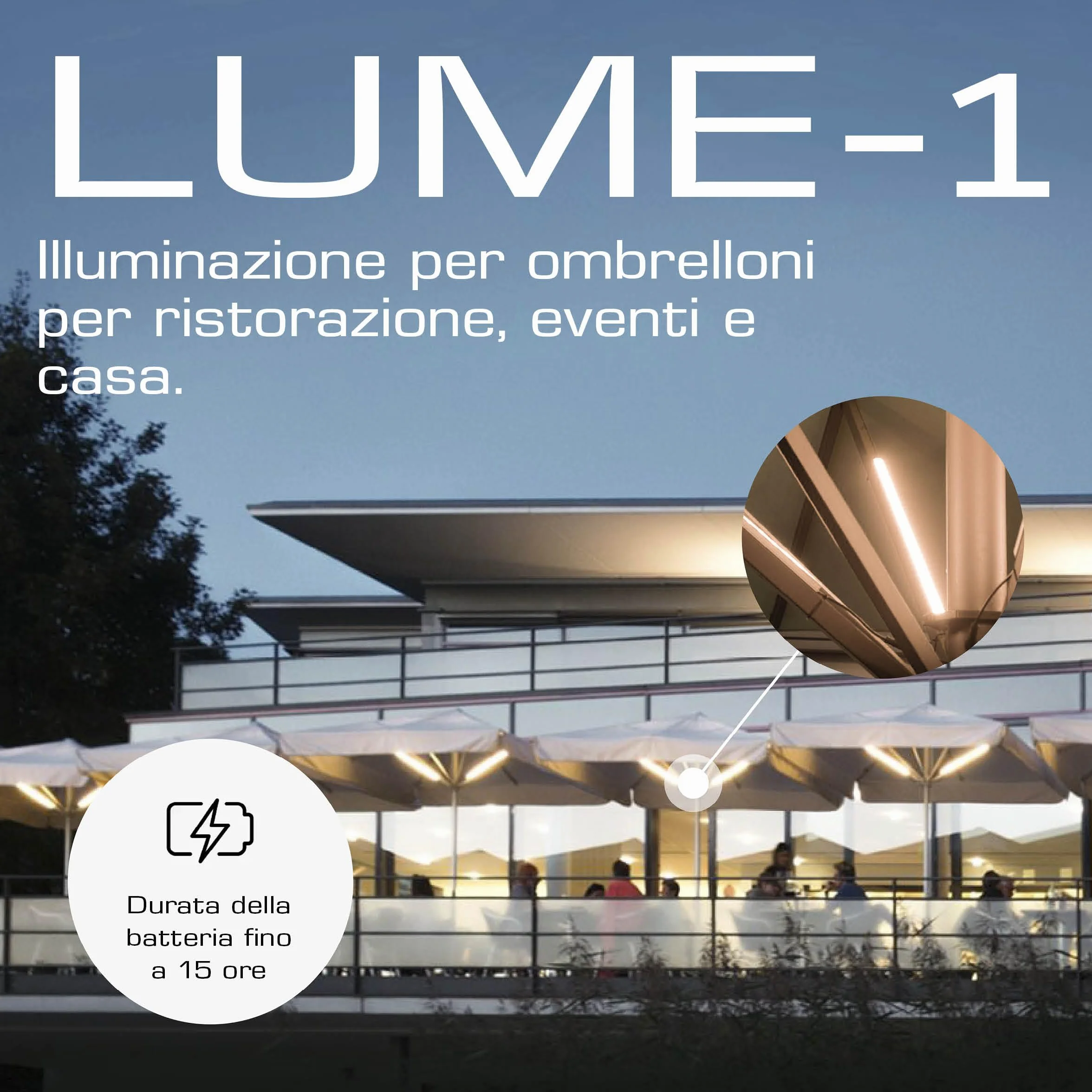 Lume1 - Illuminazione per ombrellone con telecomando, 2 strisce LED, luce bianca calda da 1000 lumen, 2700 Kelvin, illuminazione piacevole, batteria inclusa (Smart Set da 2 pezzi, modello 2026)
