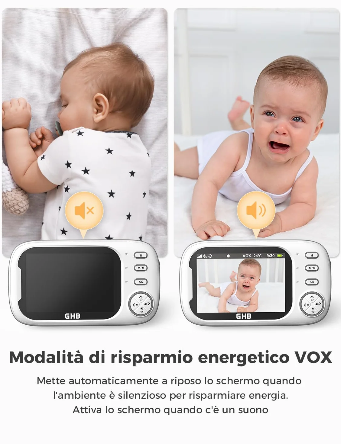 GHB Baby Monitor 3.5'' 720HD Kamera z Audio, 2000mAh, Komunikacja Dwukierunkowa, VOX, Nocne Widzenie, Monitorowanie Temperatury