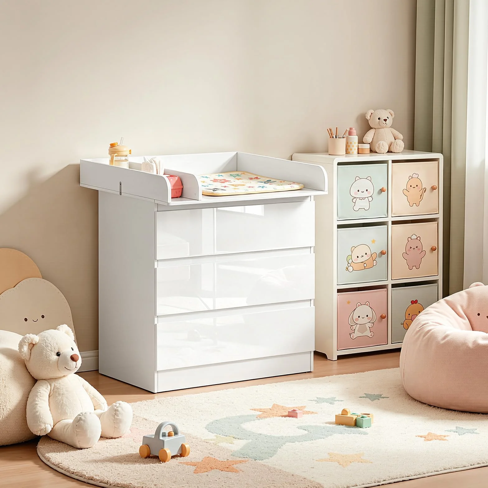 WOLTU Cassettiera con Fasciatoio per Bambini, 3 Cassetti, MDF, Truciolare e Metallo, Bianco + Bianco Lucido