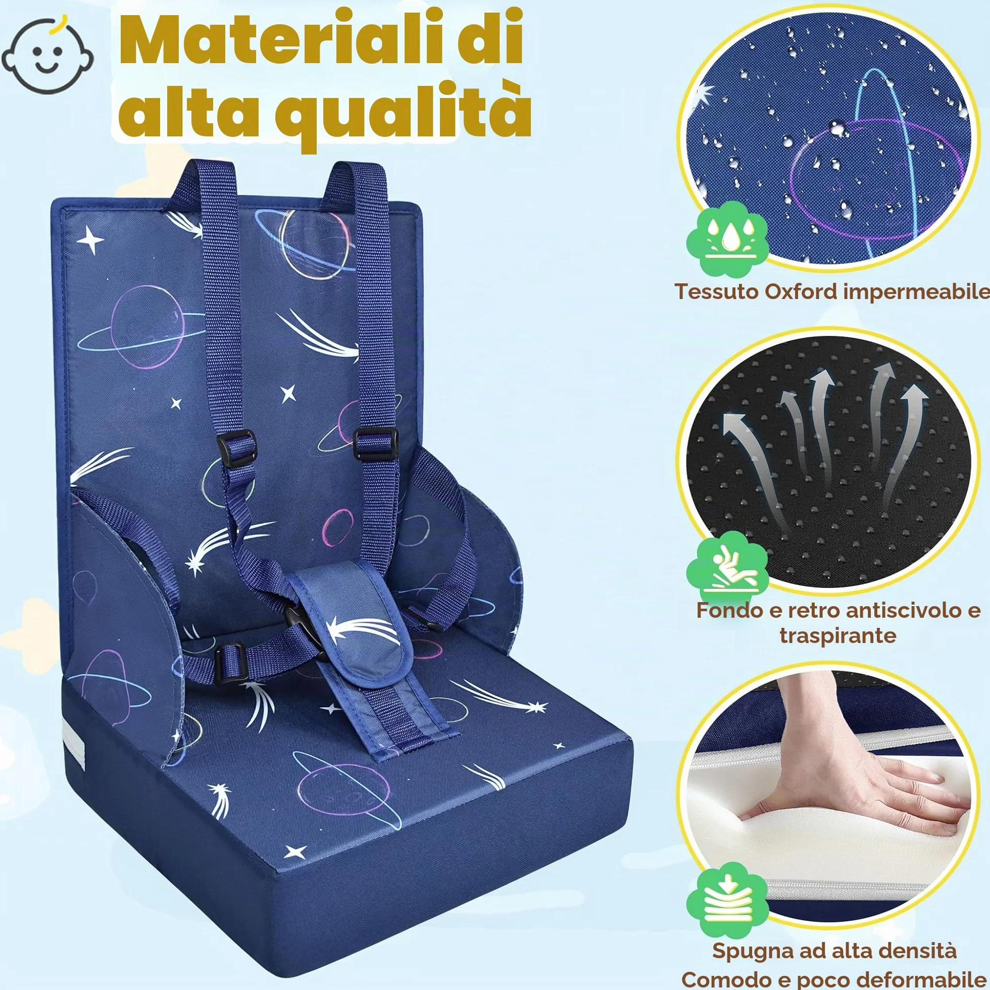 Sedia per bambini portatile con cintura di sicurezza regolabile antiscivolo lavabile blu