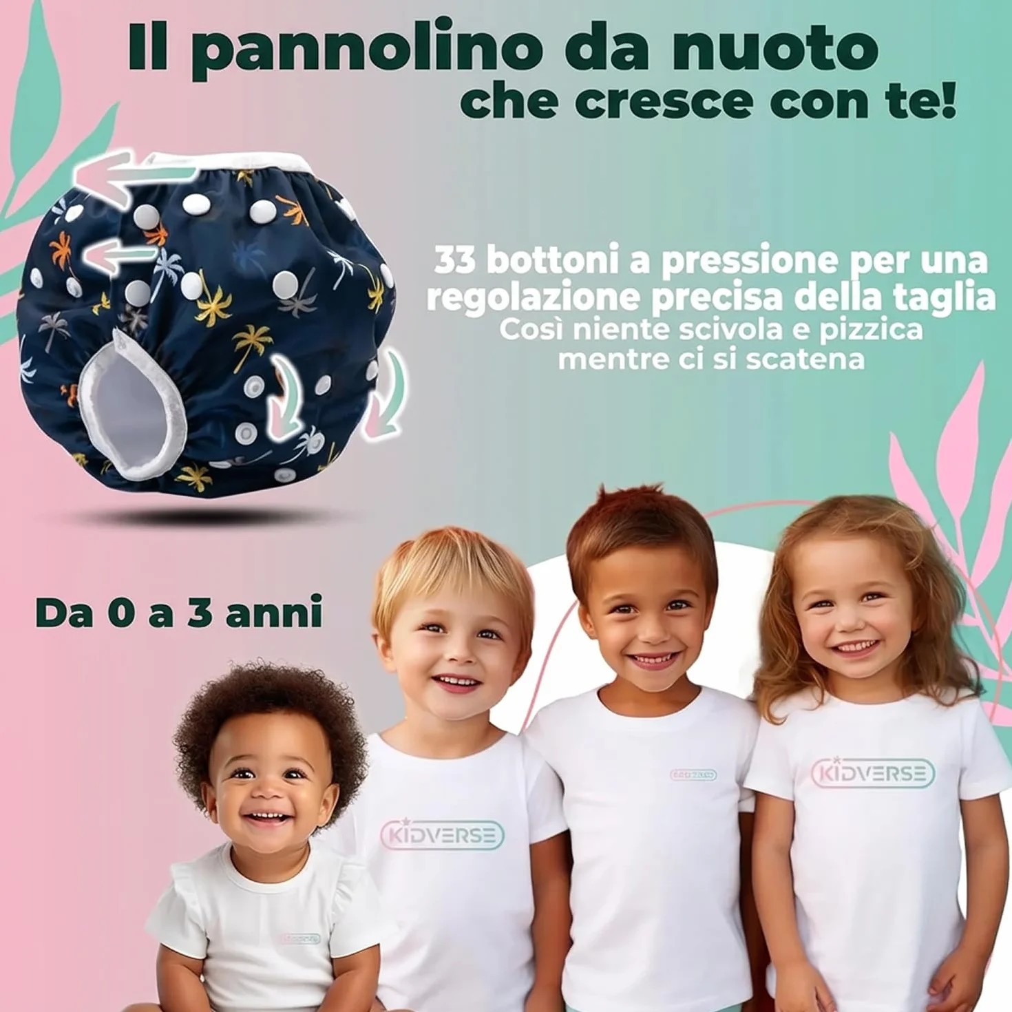 KIDVERSE Pannolini Acquatici Baby Costume da Bagno 0-3 Anni – Pannolino Piscina Neonato Regolabile con Borsa e Rete