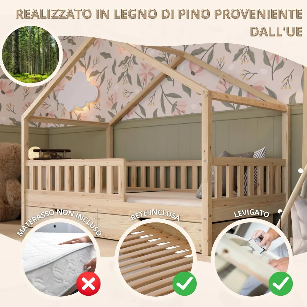 Letto Montessori a Pavimento 200x120 cm Legno Naturale con Cassetti