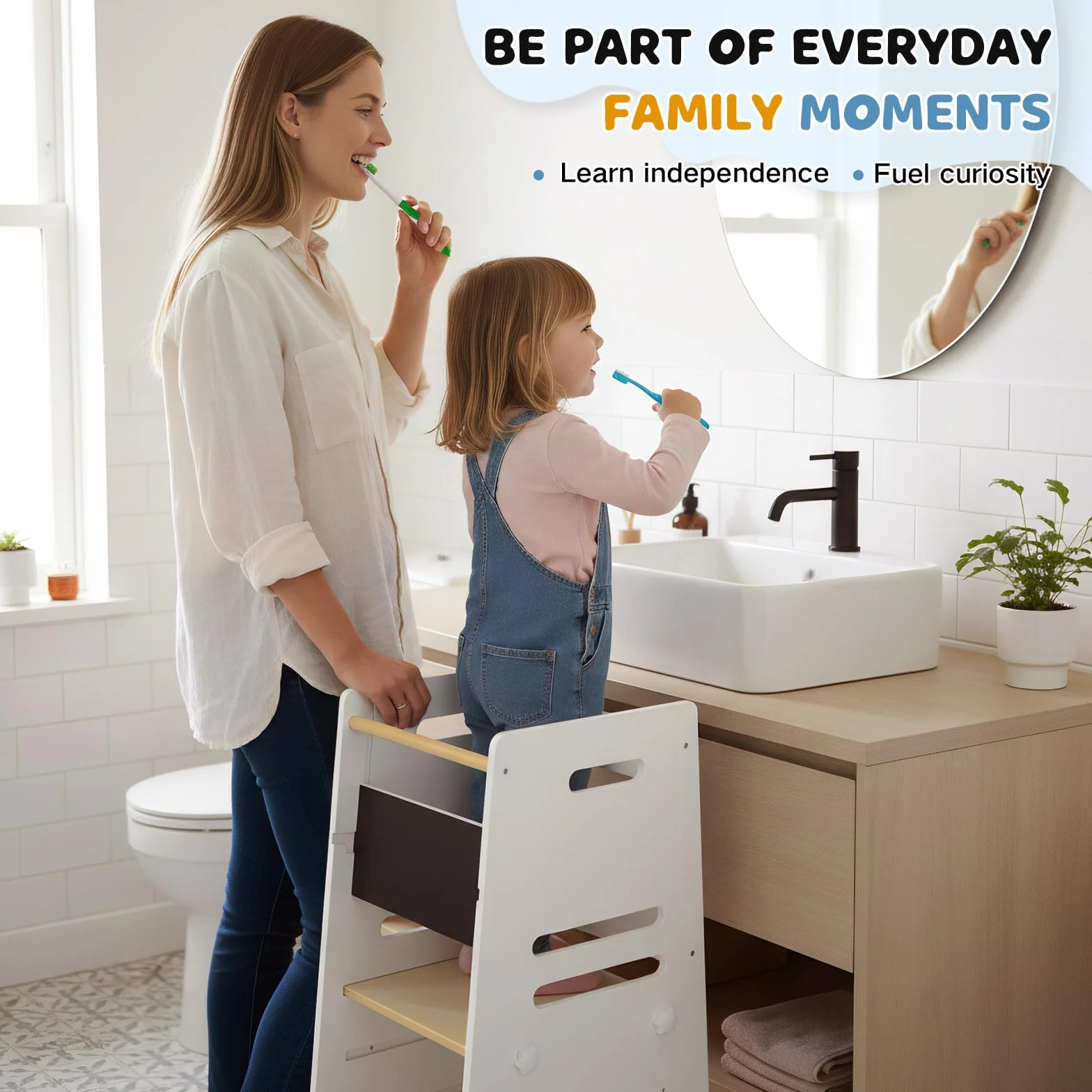 Labebe Learning Tower 3 in 1 con Lavagna e Seduta, Torre Montessori Regolabile in 3 Altezze, Legno
