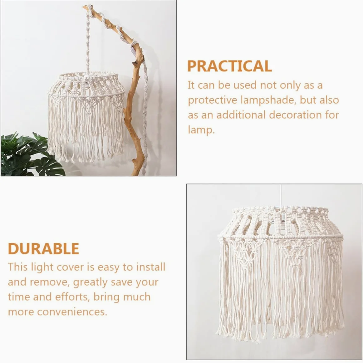 Paralume Lampada Sospensione in Corda di Cotone Beige, Design Macramè Intrecciato Elegante e Facile da Rimuovere, per Decorazioni Boho Chic in Casa
