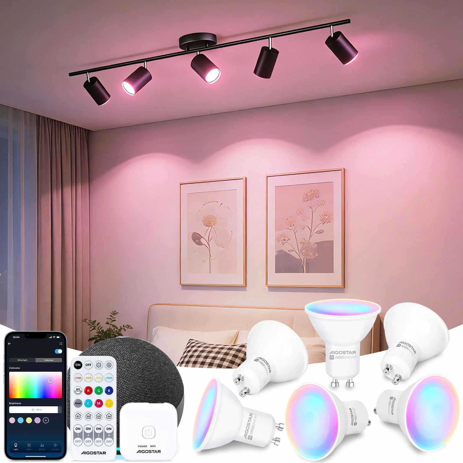 Aigostar Mesh - 6.5W GU10 Lampadine Alexa Bluetooth Mesh, Lampadina Smart Works with Alexa, Lampadina GU10 Smart LED 555LM RGB & CCT(2700K-6500K), 6 Unità (Con Telecomando Bluetooth e Gateway)