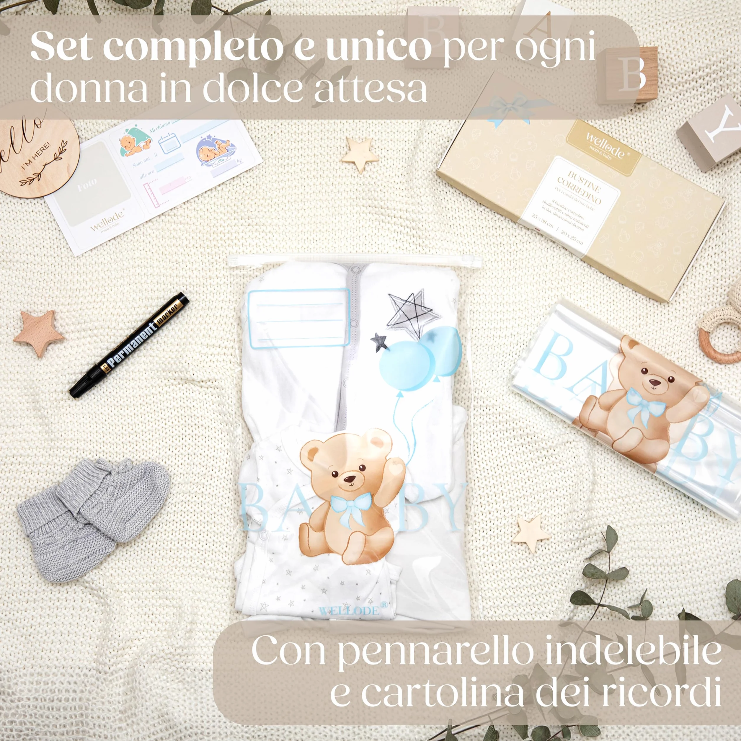 Wellode 8 Bustine Corredino Neonato Ospedale Teddy Bear, 6 Grandi e 2 Piccole - Sacchetti Cambio Neonato Riutilizzabili per Asilo e Viaggi - Idea Regalo Nascita Baby Shower
