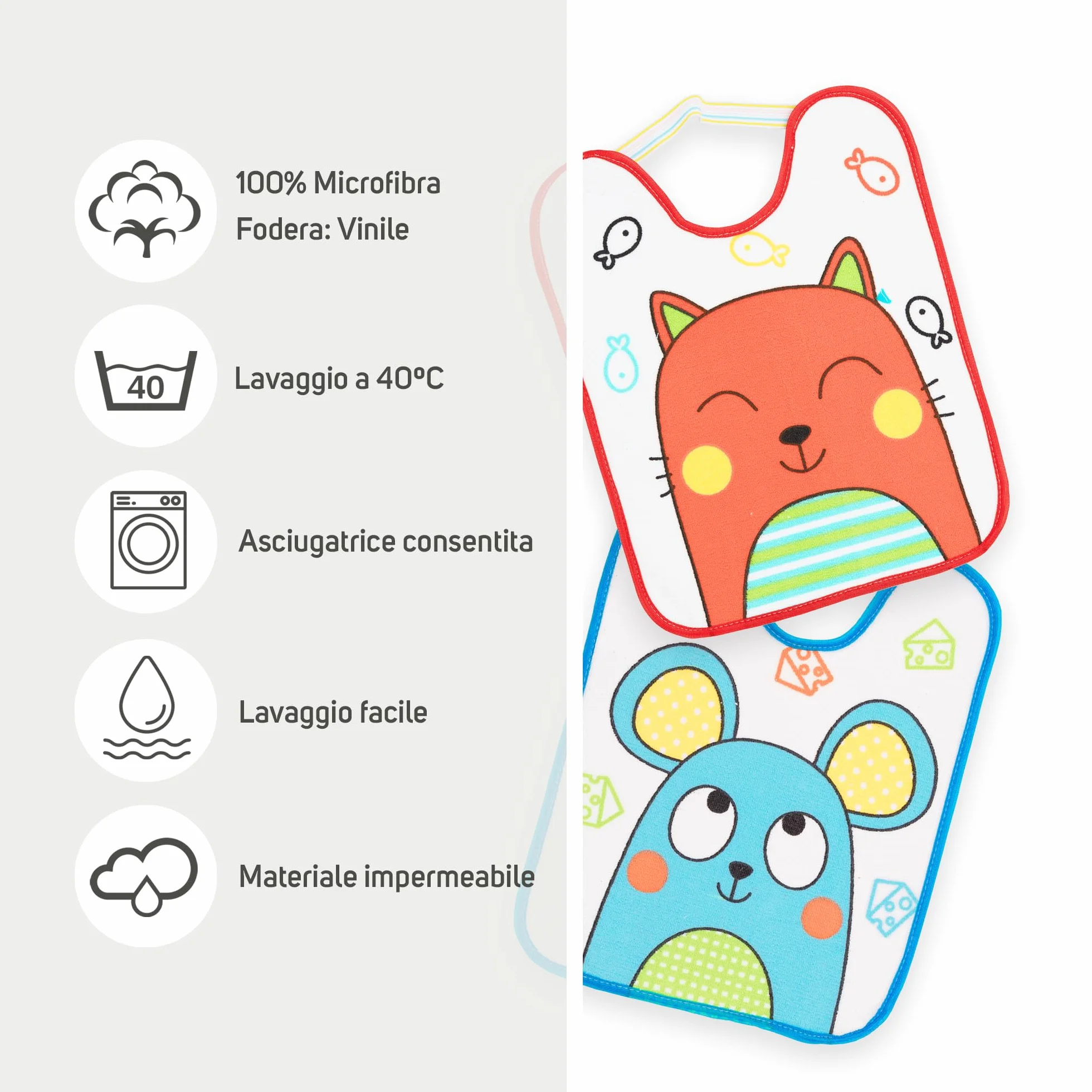 Set di 4 bavaglini per bambini 6-12 mesi microfibra impermeabili 24x31 cm con elastico animali