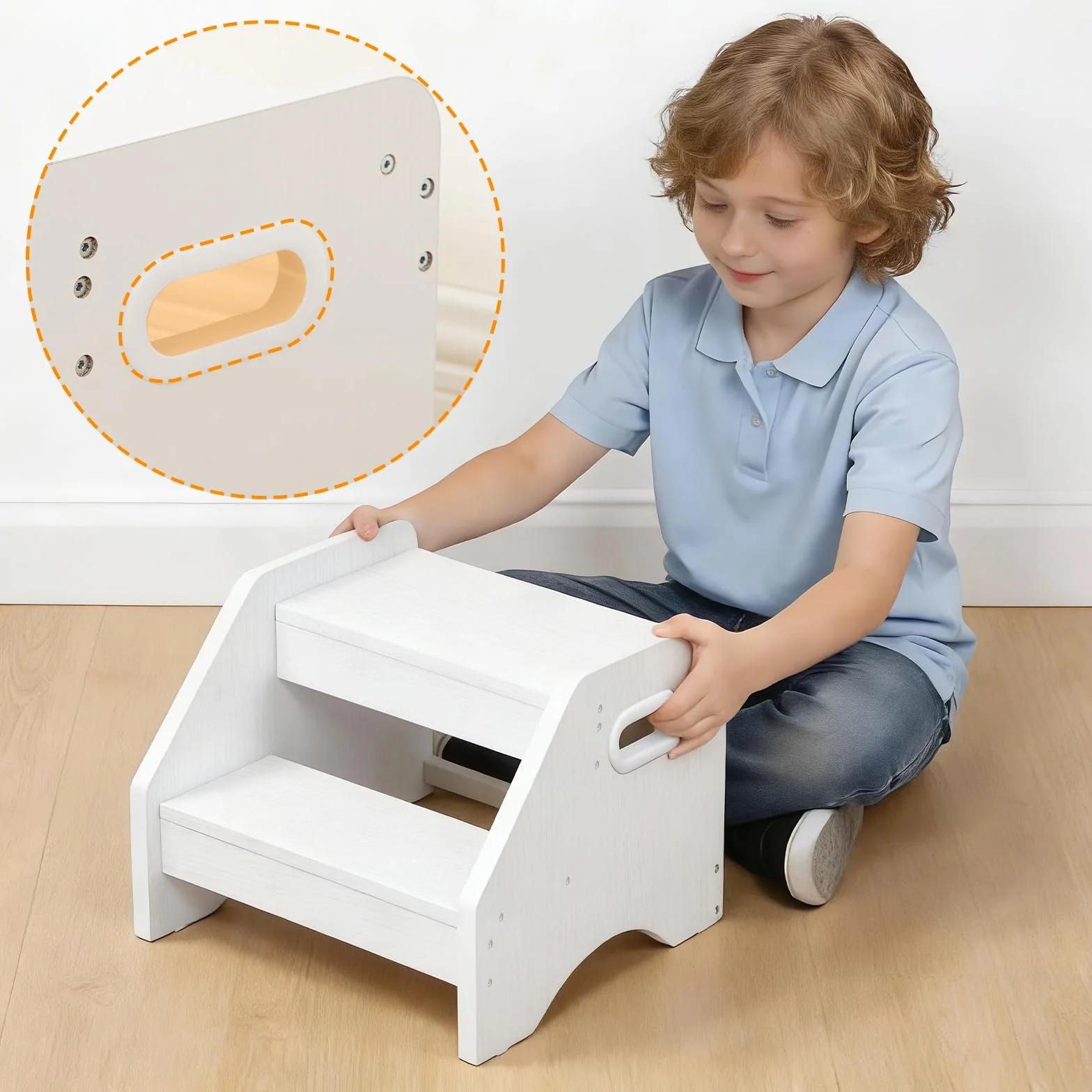 HOOBRO Scaletta a 2 Gradini Bambini in Legno, Sgabello con Maniglie Antiscivolo, Portata 30 kg, Bianco