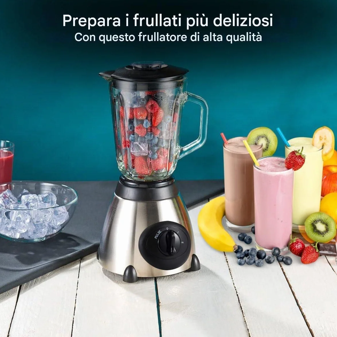 Royal Swiss Frullatore Mixer Acciaio Inox 1000W Caraffa 1.5L Vetro Temperato Nero