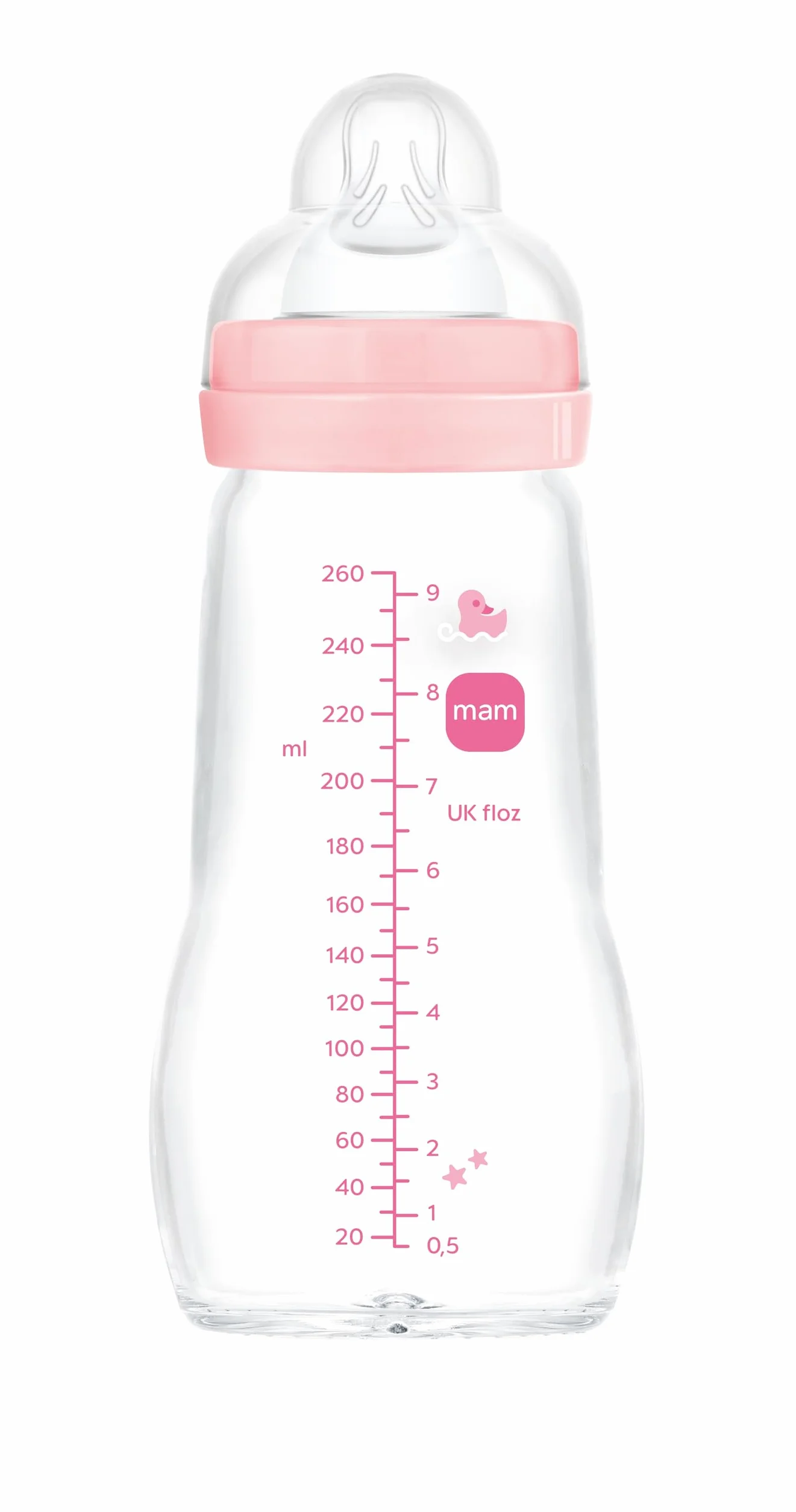 MAM Biberon in vetro 260 ml 2-4 mesi tettarella flusso medio silicone rosa