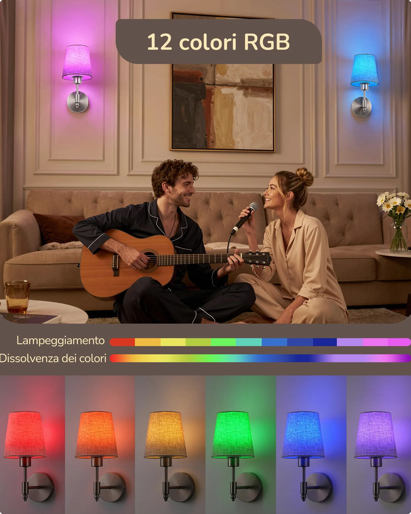 EDISHINE Lampada da Parete Senza Fili con Telecomando, 12 Colori RGB | Set 2 Applique da Parete Ricaricabili, LED Magnetiche, 3000-6500K, Dimmerabile, Timer, per Camera da Letto, Scala, Corridoio