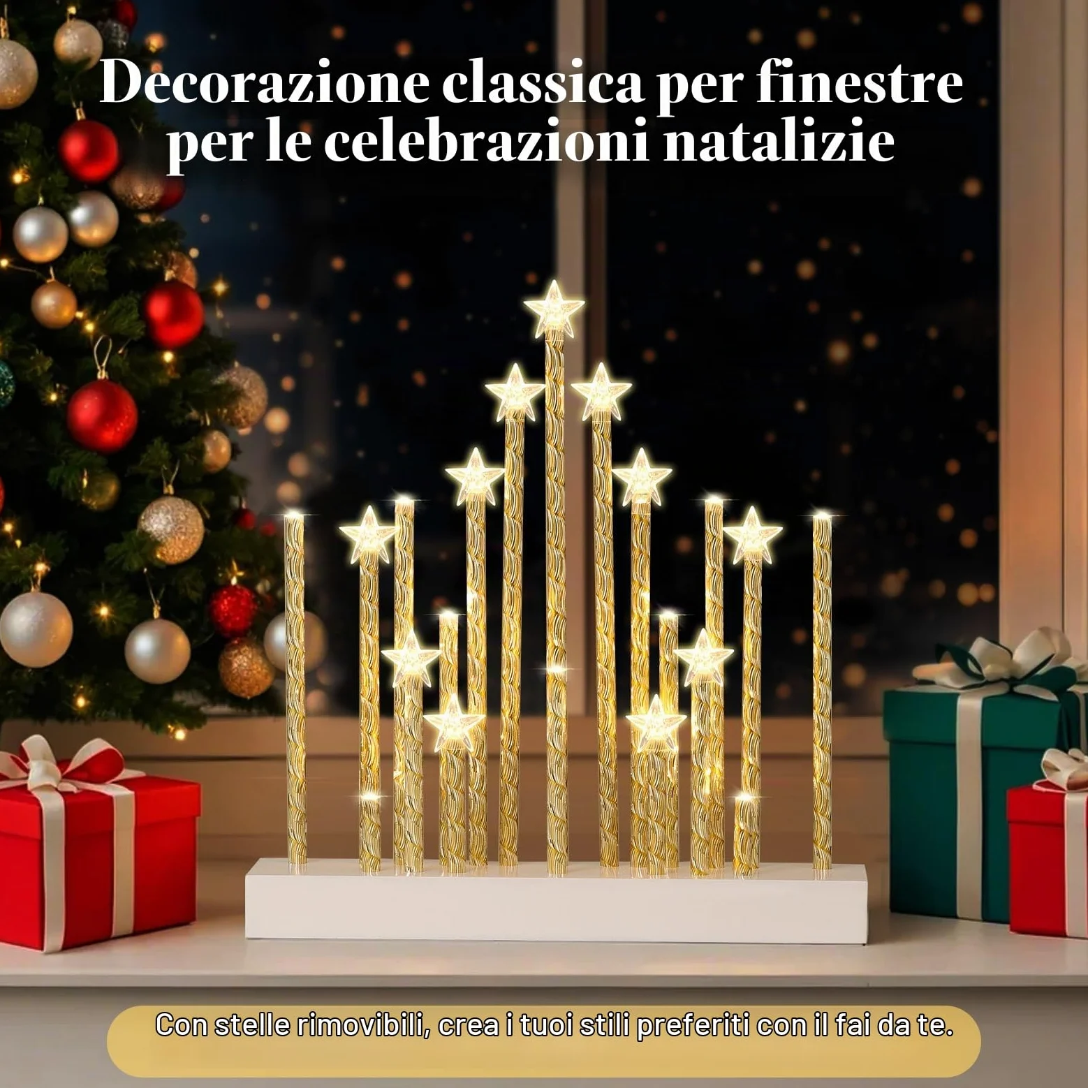 Lewondr Candelabro Svedese di Natale, Candele Senza Fiamma Stella con 20 LED Taper Candele Elettriche, USB Powered Candela Finestra di Natale per la Decorazione di Natale Regalo di Nozze, Bianco