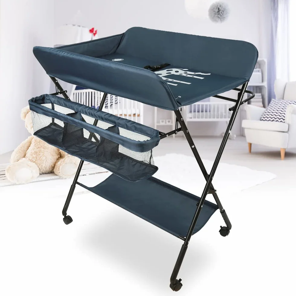 Fasciatoio Pieghevole con 4 Ruote Freno, Portatile Multifunzionale, 3 Regolabile in Altezza, Blu Navy