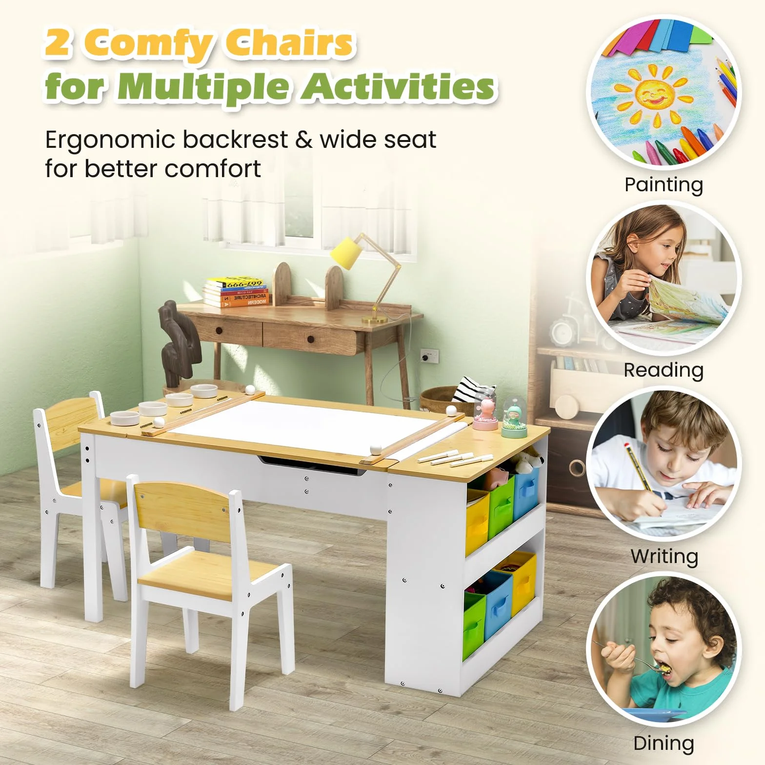 RELAX4LIFE Tavolo D'arte per Bambini in Legno con 2 Sedie, Piano Sollevabile, 6 Cassetti e 4 Tazze (NATURALE)