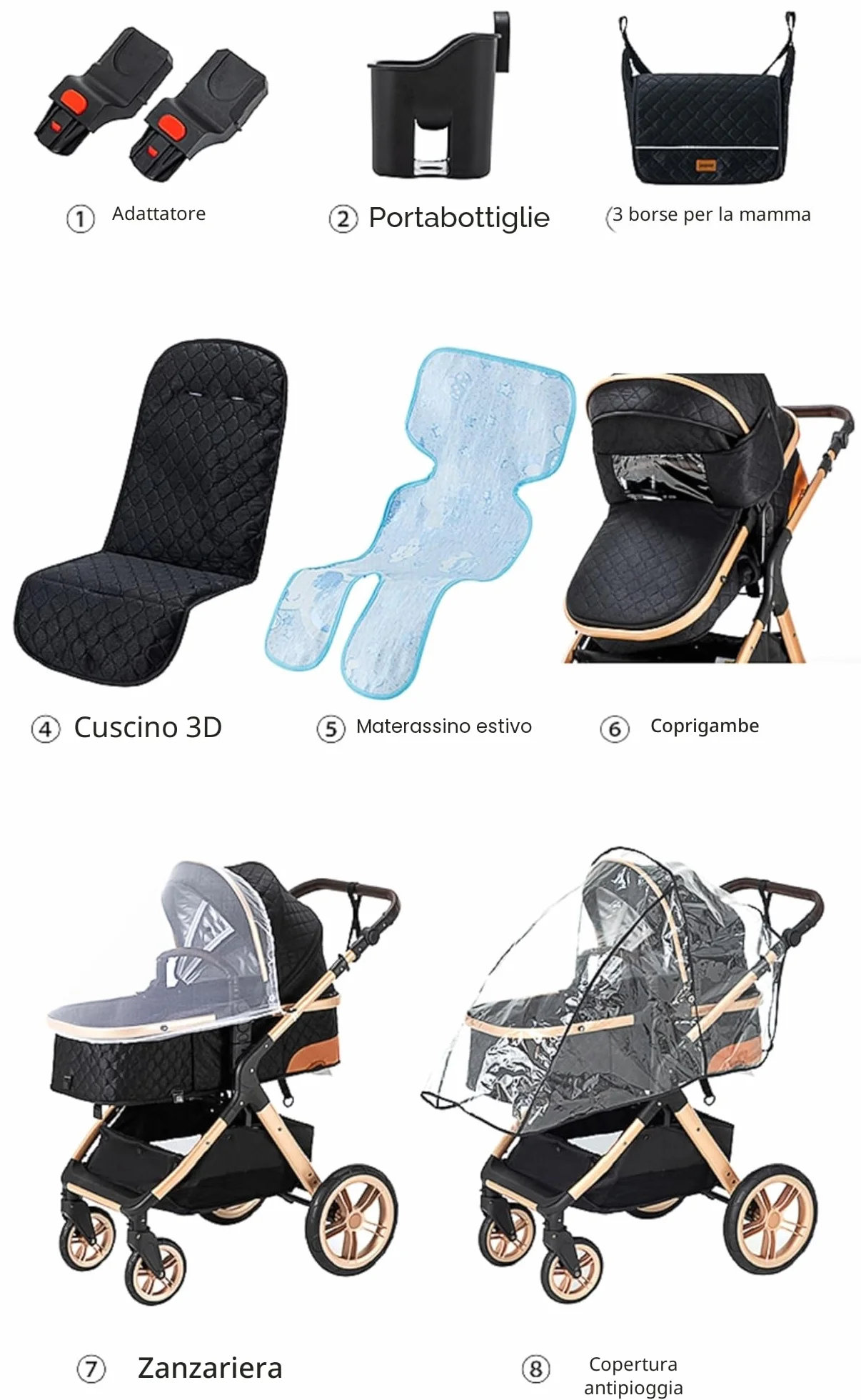 Passeggino 3 in 1 Sistema da Viaggio Pieghevole con Pneumatici in Gomma, Gondola, Adattatori, 25 kg