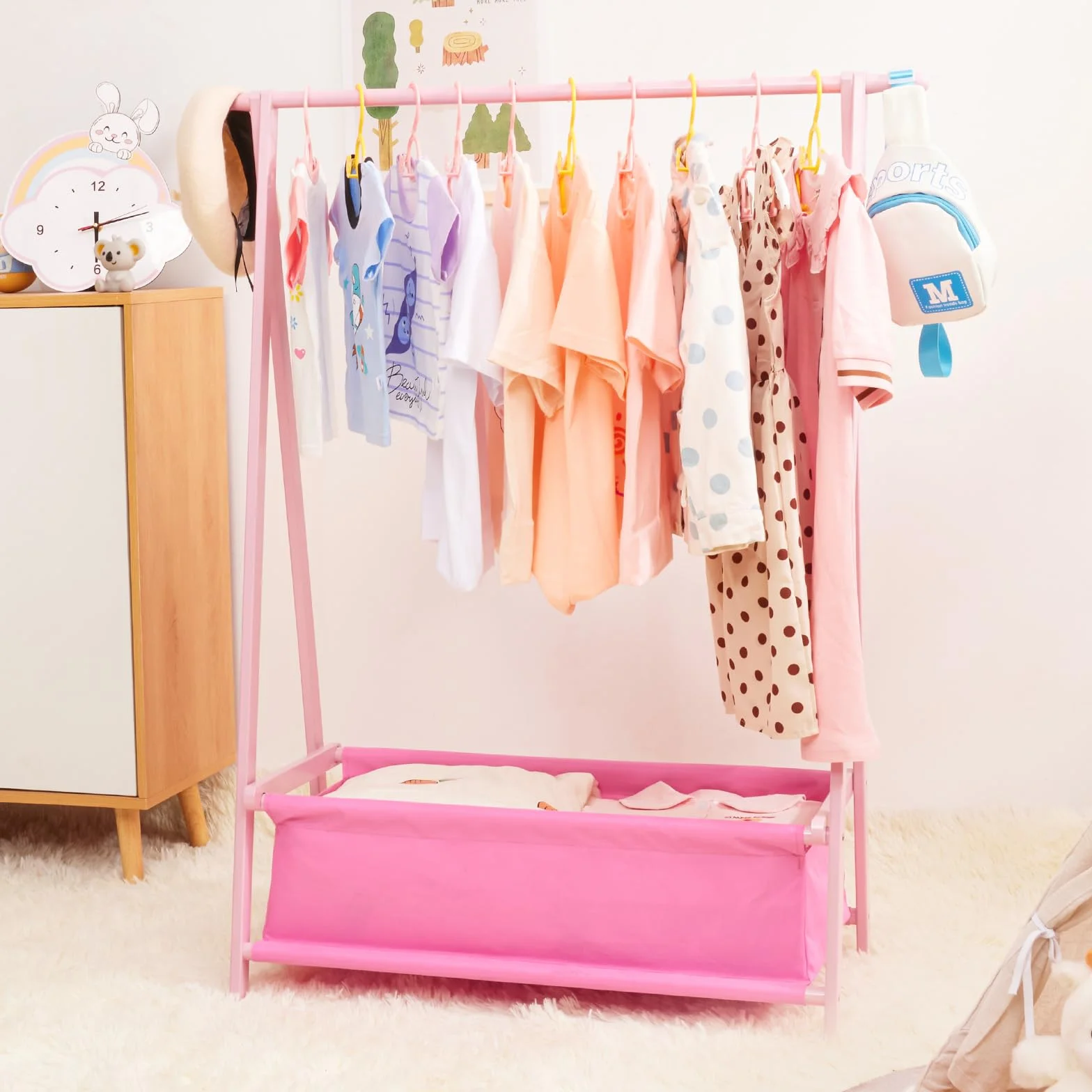 Yorbay Scaffale per Abbigliamento per Bambini con Contenitore, Pieghevole, Bambù