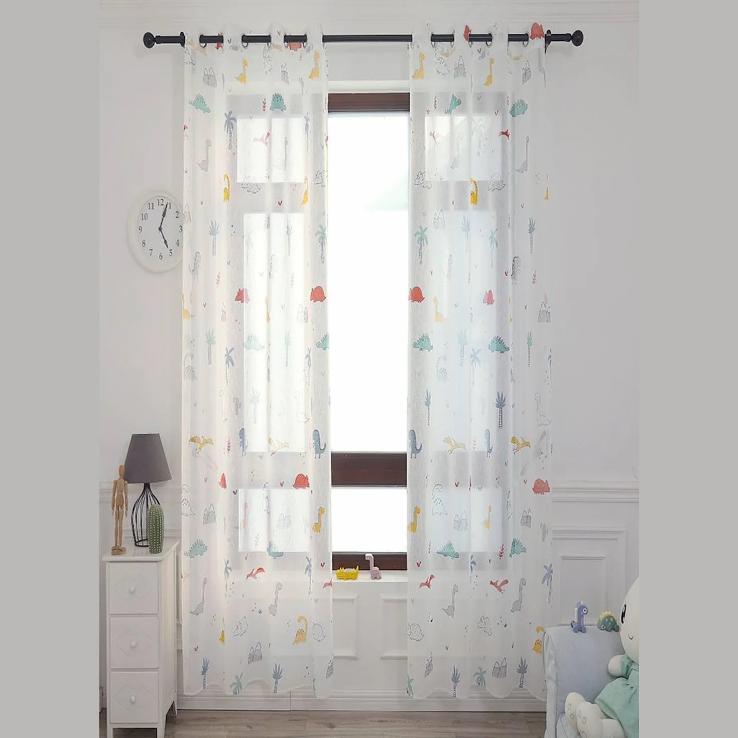 Tende Dinosauri per Cameretta Bambini 140 x 280 cm Trasparenti Occhielli Motivo Colorato 1 Pannello