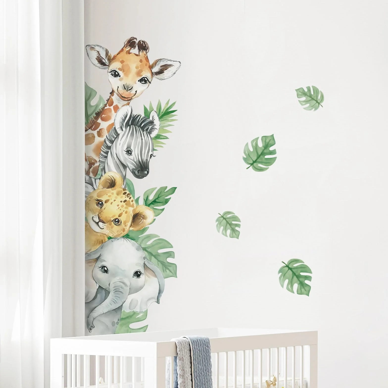 Naklejki ścienne z zwierzętami dżungli Giraffa Zebra Zielone Liście dla dzieci
