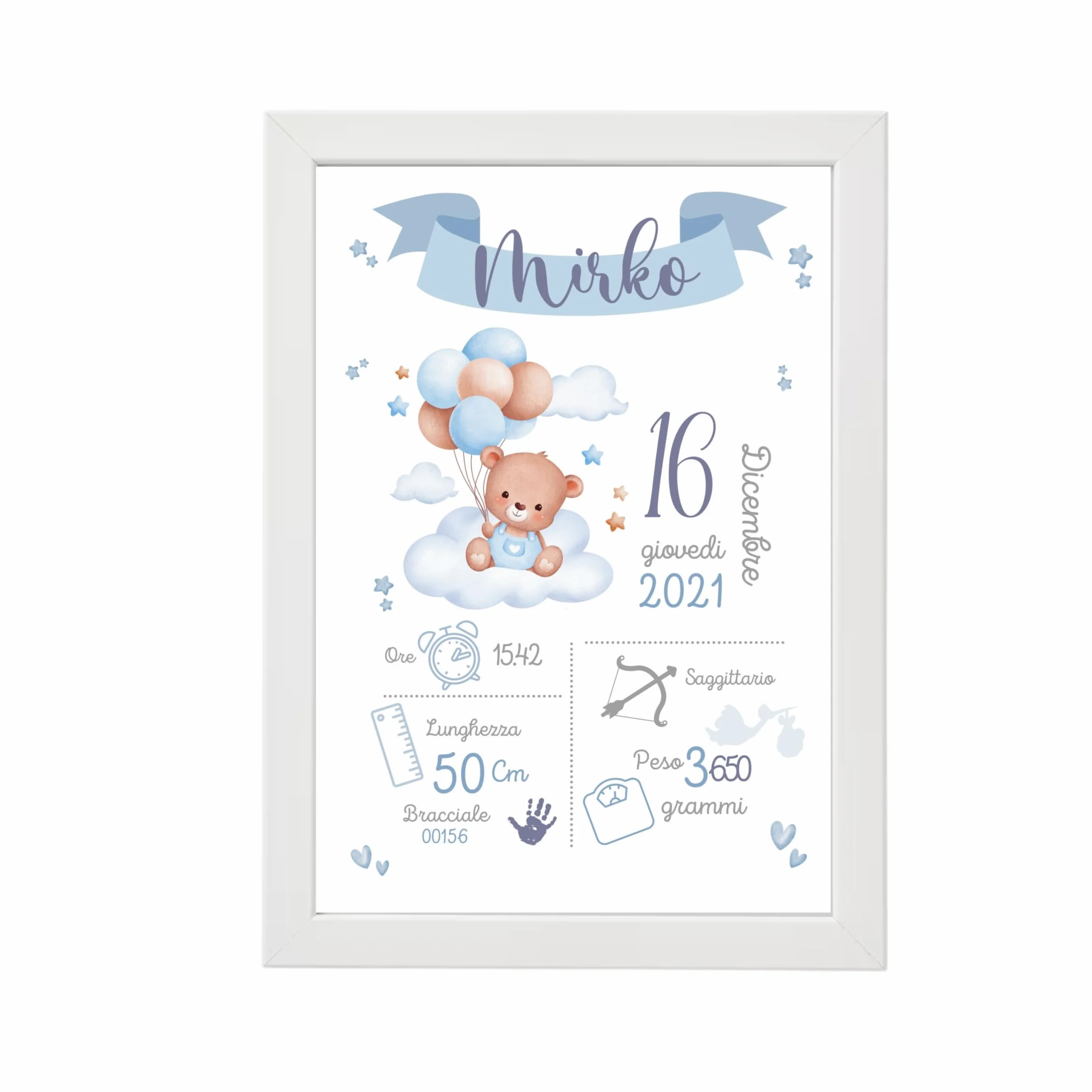 Personalizowany Quadretto Nascita z Ramką 21x30 cm – Dekoracja do Pokoju Dziecka z Danymi Noworodka – Pomysł na Prezent na Narodziny lub Chrzest