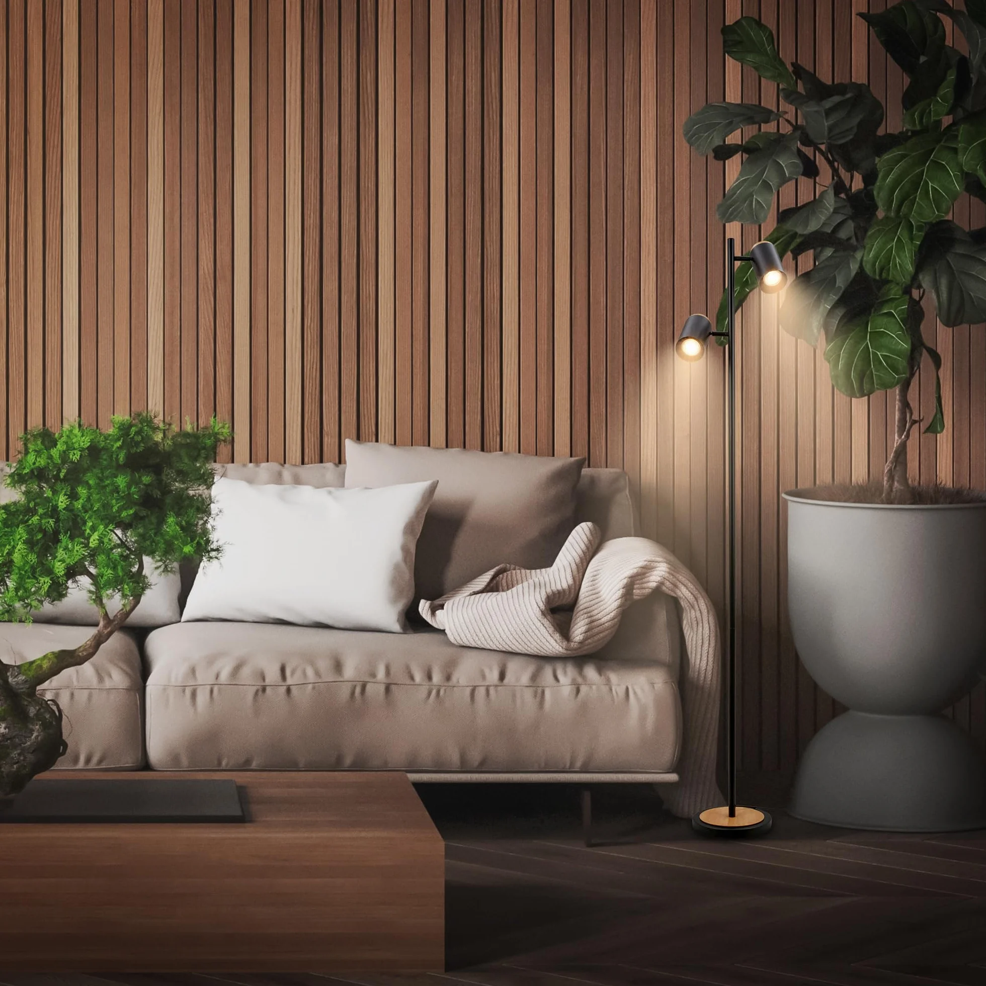 BRILONER - Lampada da terra con interruttore a cavo, faretti orientabili, 2x attacco GU10, piantana lampada da terra, lampada da terra salotto, lampada soggiorno da terra, 26x26x159,5 cm, nero-legno