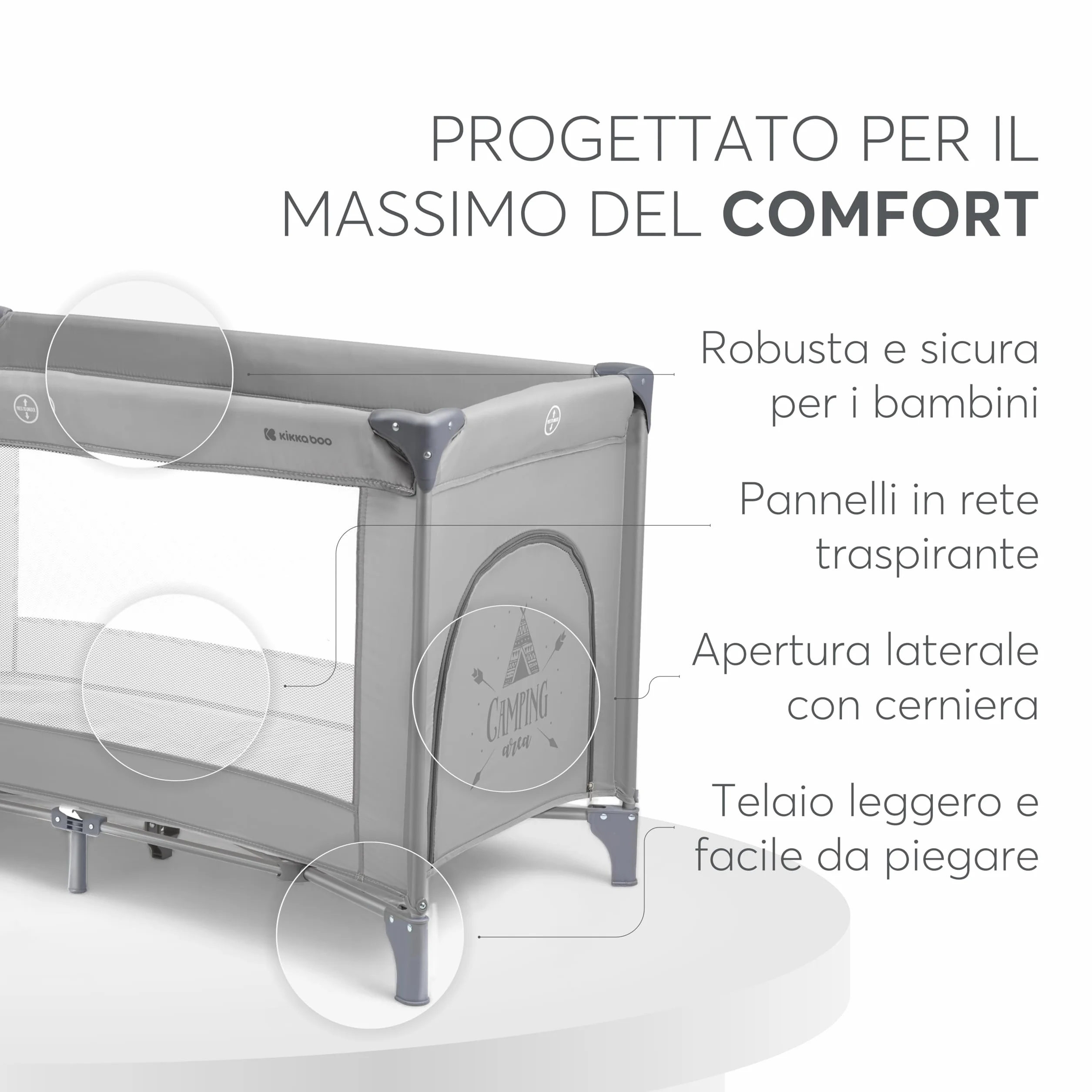 Kikka Boo Lettino da Campeggio SO GIFTED, Culla Neonato da Viaggio 120x60 cm, Fino a 15 kg, Pieghevole, Grigio