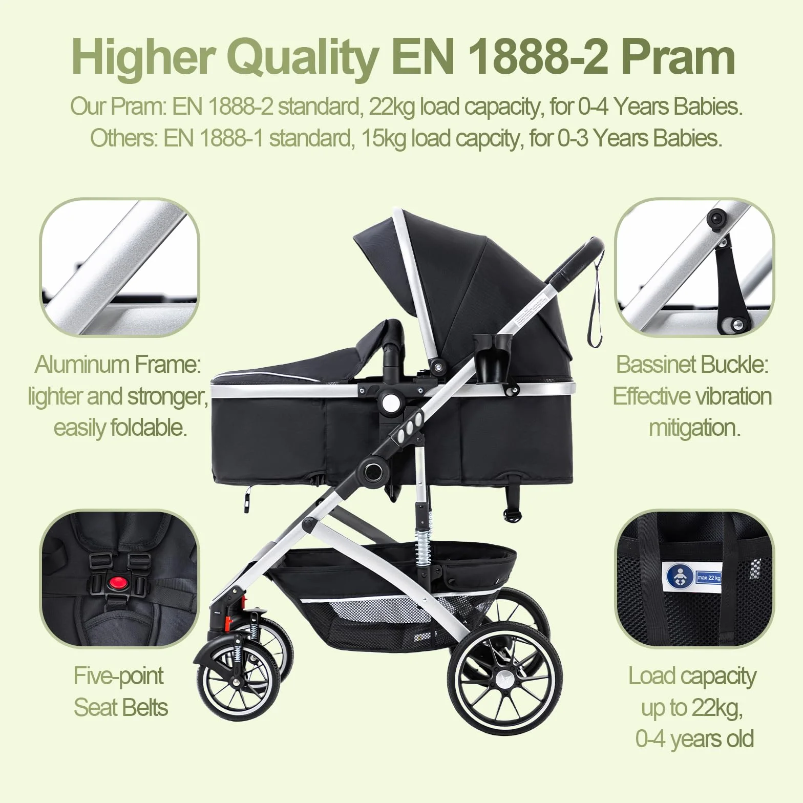 Passeggino 3 in 1 con seggiolino auto pieghevole telaio alluminio per neonati 0-4 anni