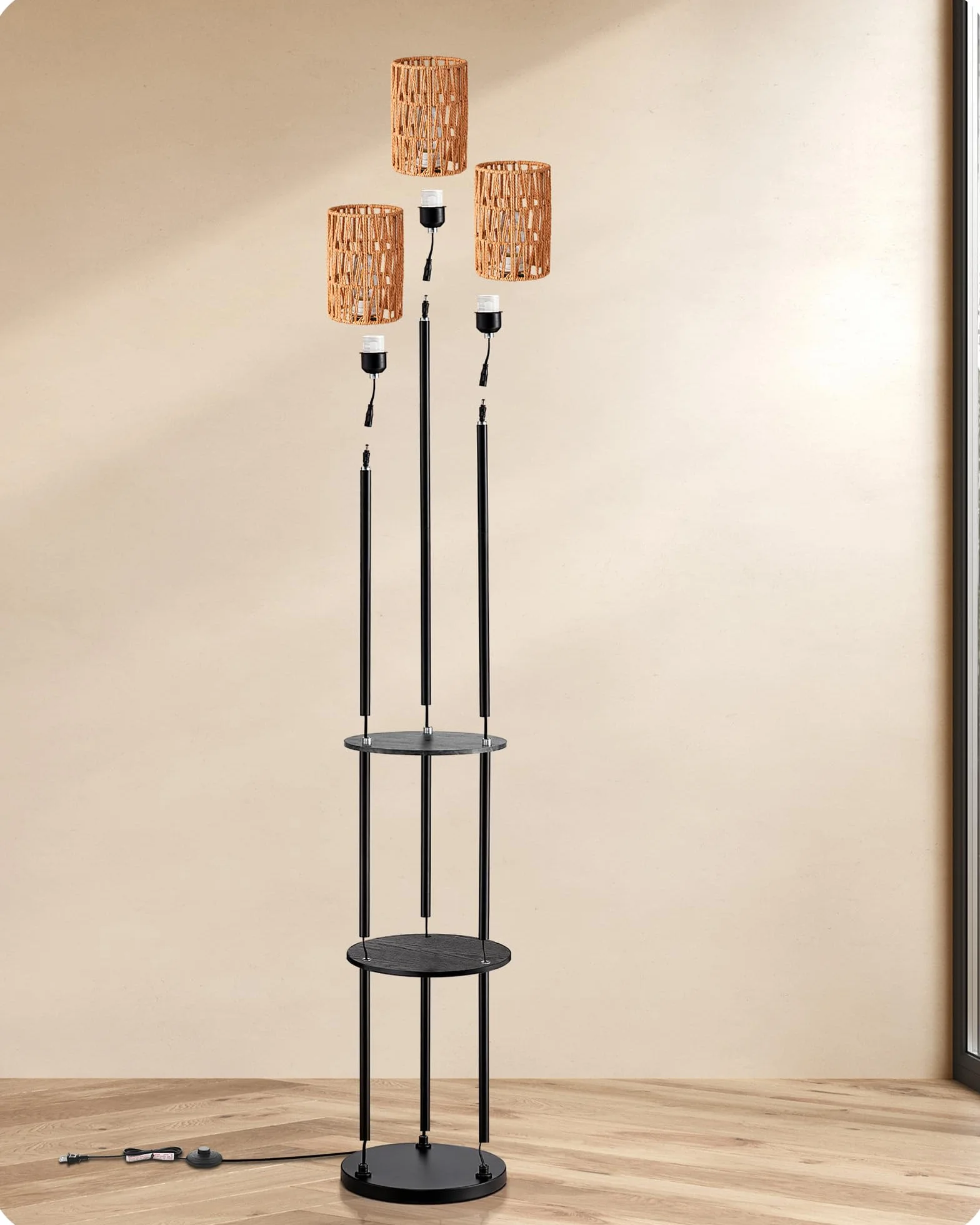 EDISHINE Lampada da Terra Boho Vintage con Mensola e Ripiano Portaoggetti, Piantana 3 Luci E27 con Paralume in Rattan, Lampadine Incluse, Interruttore a Pedale, Lampada Salotto Moderna 178 cm