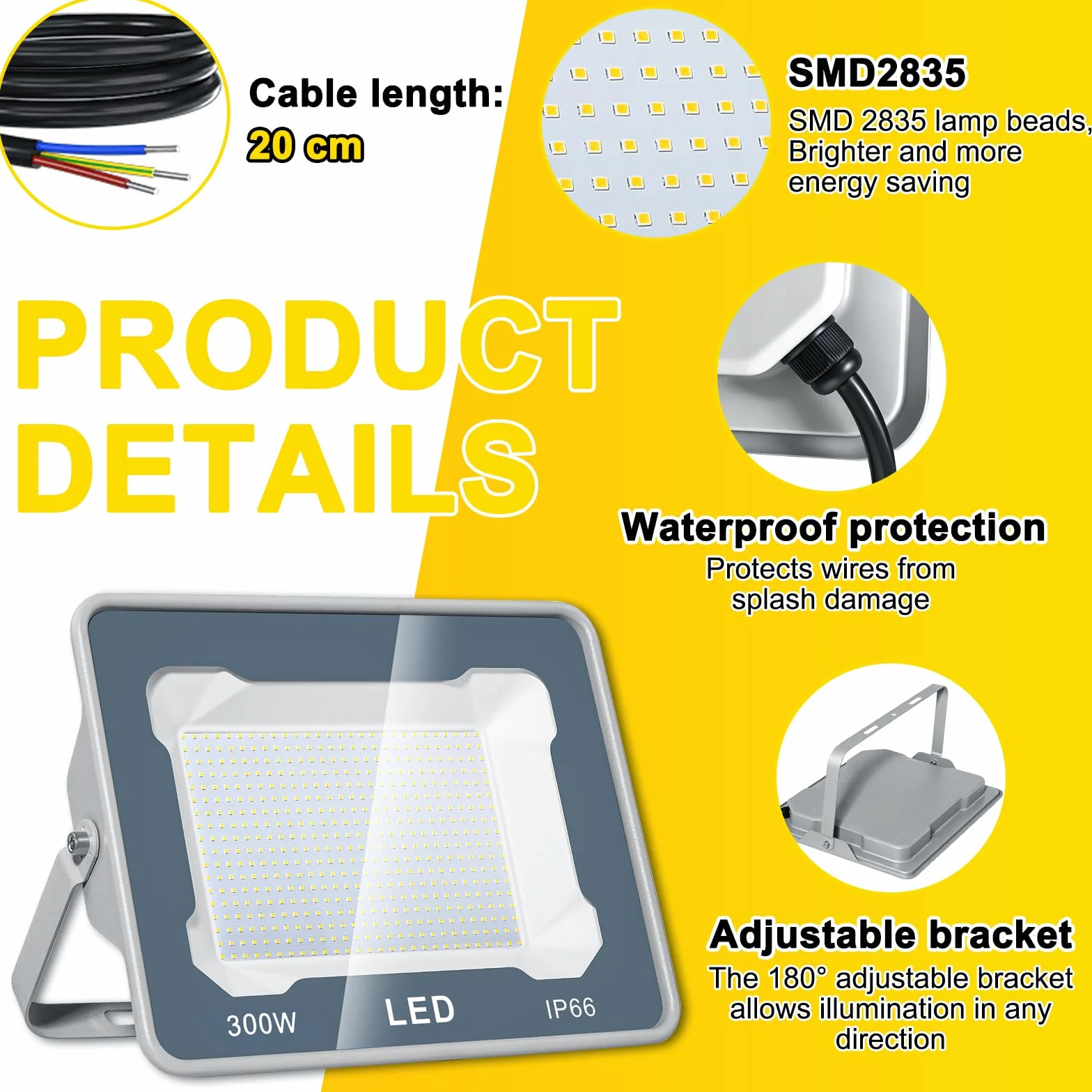 CREATESTAR Faretto Led da Esterno 300W, Faretti Led Esterni 6500K 30000LM luce bianca fredda, IP66 Impermeabile Faro Esterno per sportivo magazzino garage giardino parcheggio campo cortile 1 Pezzi