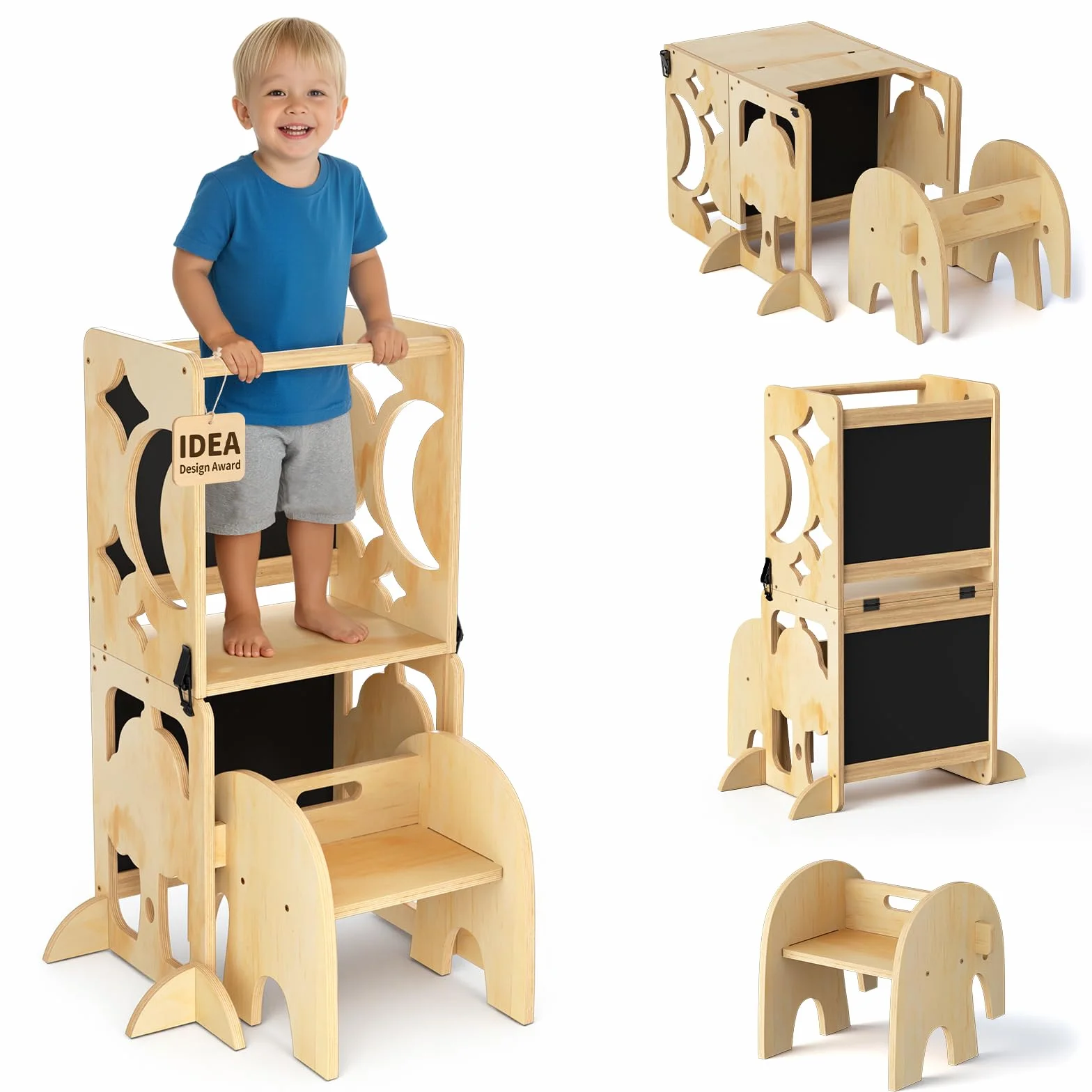 COSYLAND Torre Montessoriana Bambini 4 in 1 - Torretta Montessoriana con Scrivania e Sedia in Legno Naturale