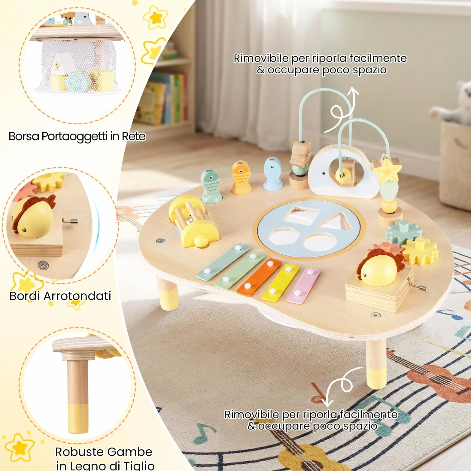 COSTWAY Centro di Attività Musicale in Legno Tavolo Multiattività Bambini 7-in-1 con Labirinto di Perle Xilofono Giochi Montessori