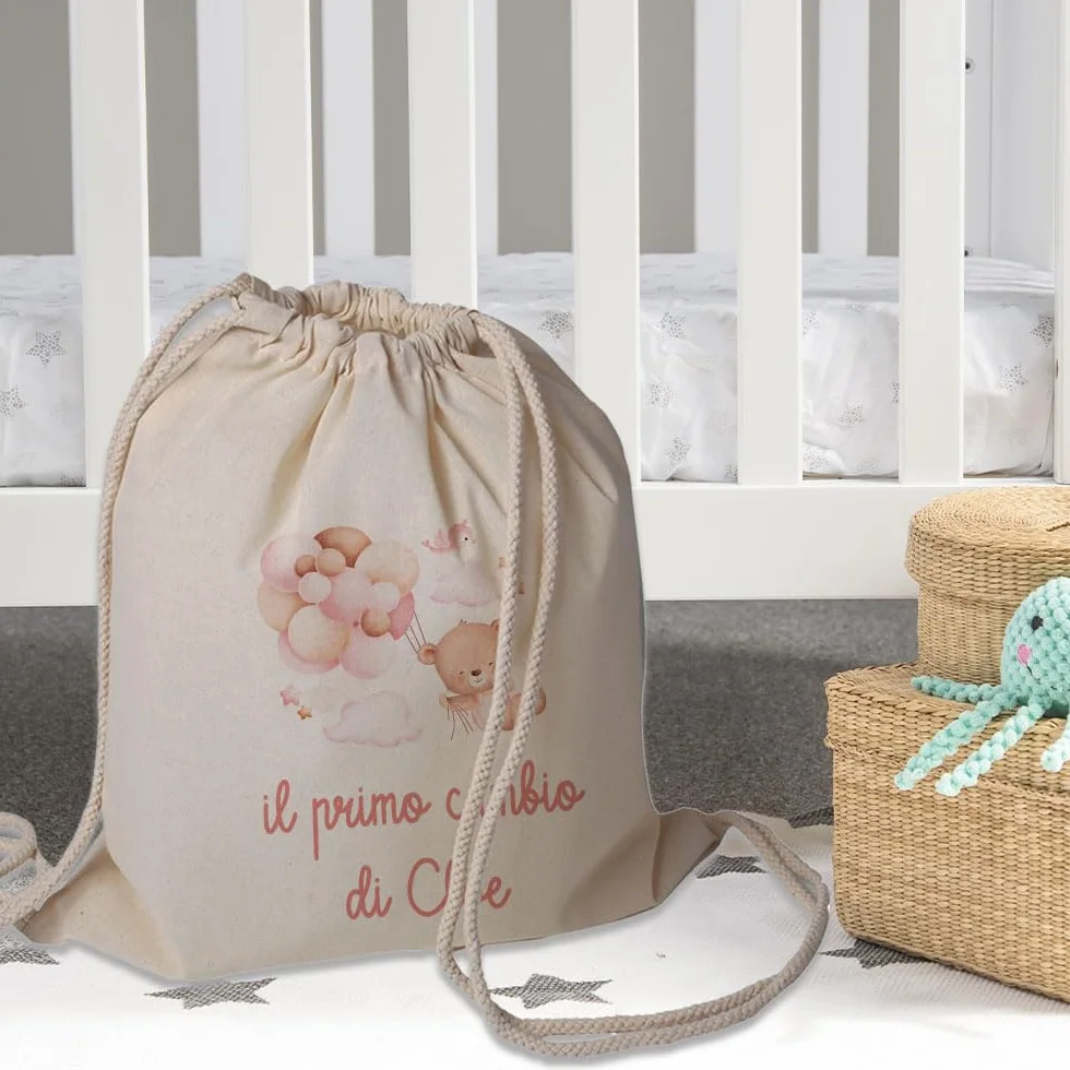 "Il Primo Cambio" Sacchetto Porta Corredino Bebè Zaino in Cotone Personalizzato con Nome e Orsetto Peluche