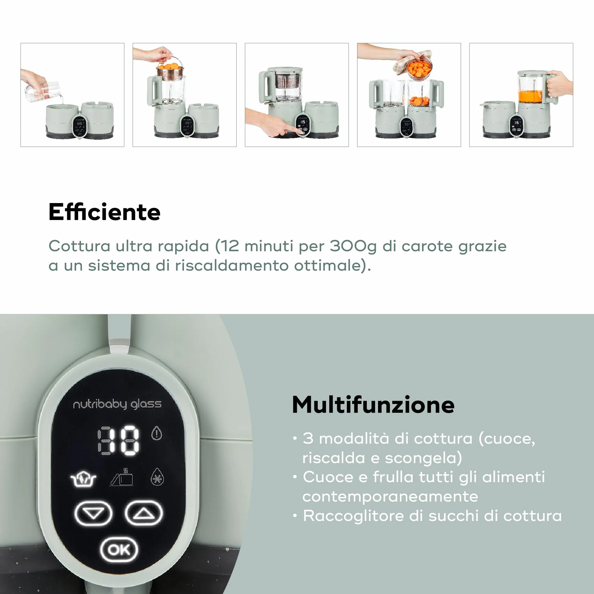 Babymoov Nutribaby Frullatore Vaporizzatore Vetro 4 in 1 Cuocipappa Svezzamento Riscaldatore Scongelatore Acciaio Inox
