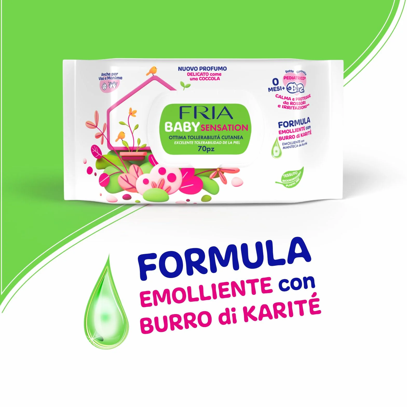 Fria Baby Sensation Salviette per Cambio Pannolino Burro di Karitè 70 Salviette