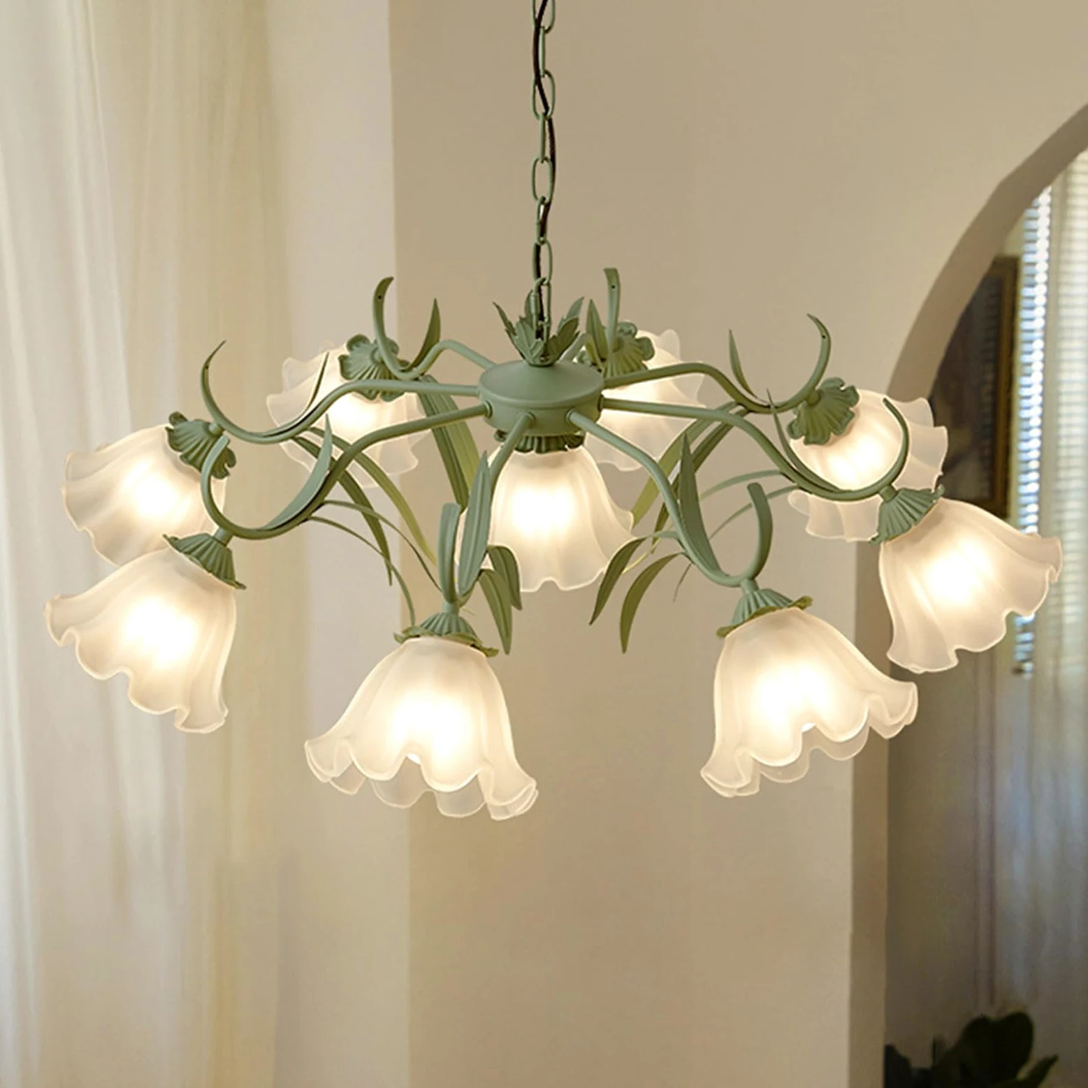 Lampadario Moderno in Stile Europeo, lampadario Floreale Pastorale, Lampada a Sospensione in Vetro a Forma di Fiore Bianco, Lampada a Sospensione in Ferro Rustico, Lampada a sospen