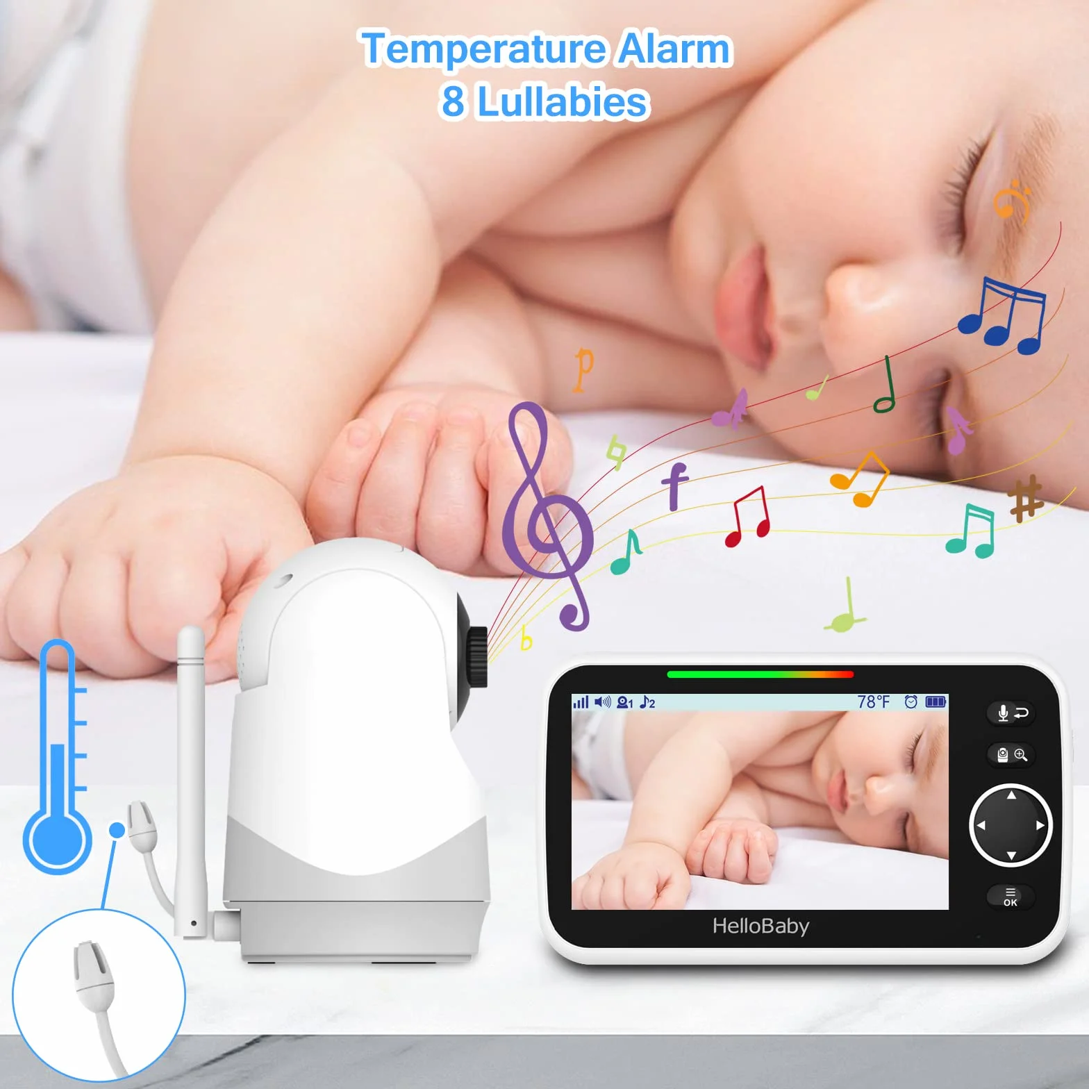 HelloBaby Monitor con fotocamera e audio, schermo 5'', batteria 3500 mAh, Pan-Tilt-Zoom, conversazione bidirezionale, ECO, visione notturna