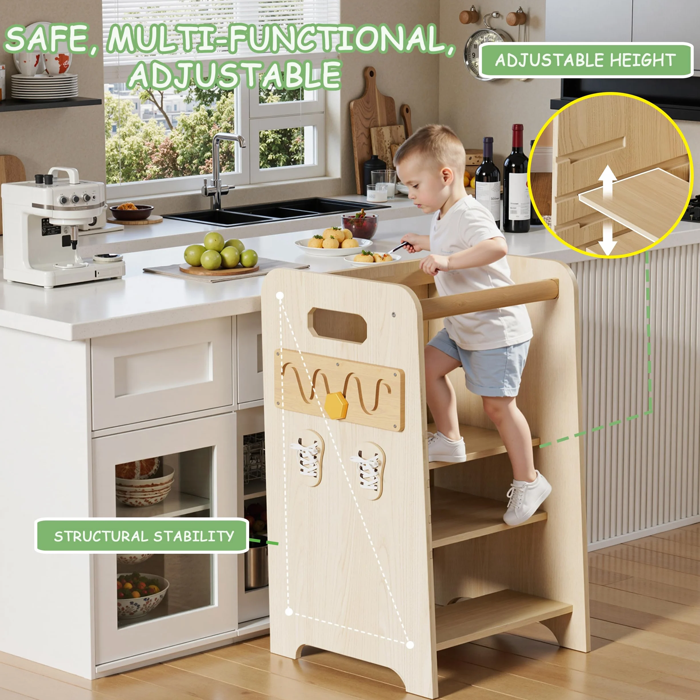 Torretta Montessoriana 4 in 1 Multifunzionale Torre Didattica con Lavagna e Scala Scorrevole per Bambini da 1 Anno