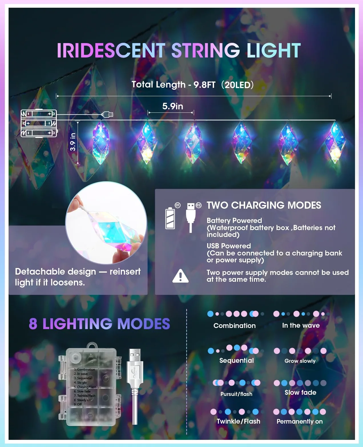 AceList Stringa di luci iridescenti per interni, 20 LED da 9,84 m, con batteria olografica e alimentazione USB, 8 modalità di illuminazione, luci di cristallo per matrimoni, Natale, feste, decorazioni