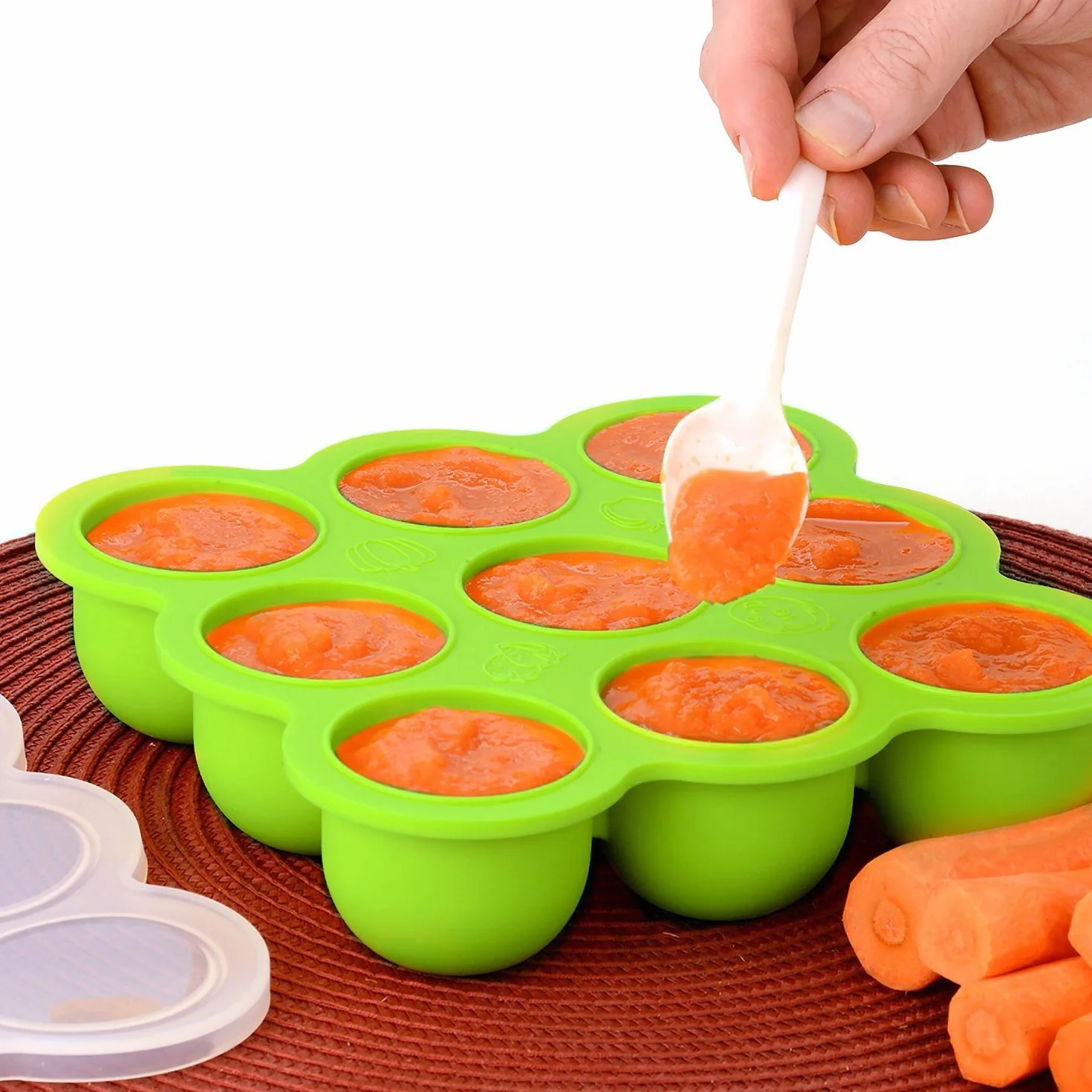 Contenitore Pappa Silicone per Bimbi con 9 Stampini - Contenitore Freezer Coperchio Rimovibile Verde